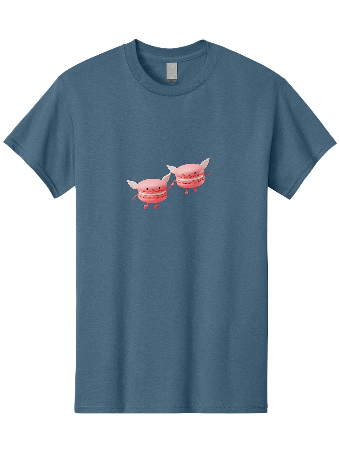 Pink-Macarons-1 Men'S Graphic Tee, 100% Cotton, Comfortable Casual Summer Wear, Machine Washable, Pink Macarons, Cute Desserts, Cartoon Characters, Smiling Faces, White Wings, Playful Treats, Dessert Lovers, Sweet Delights, Bab184 3