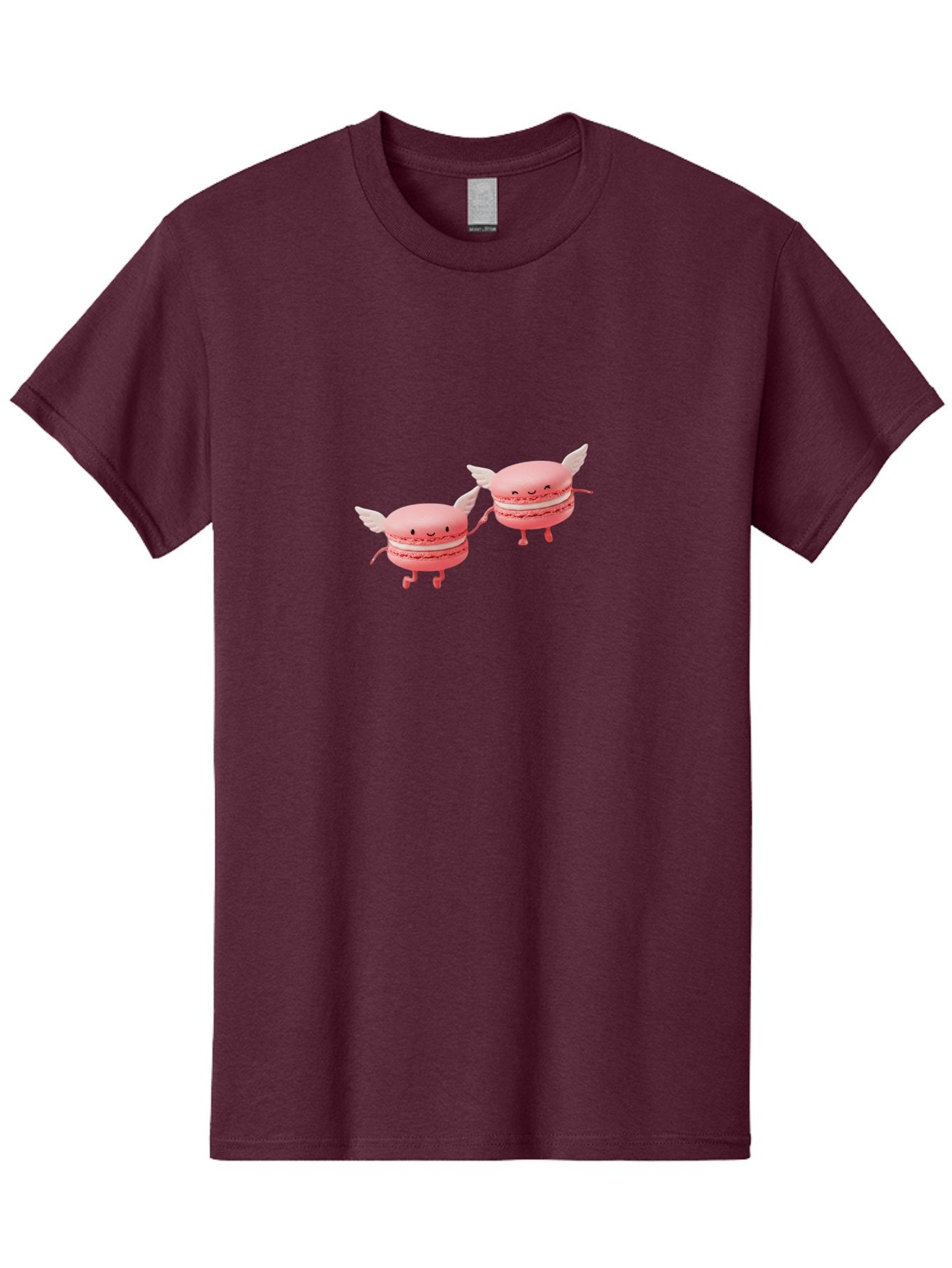 Pink-Macarons-1 Men'S Graphic Tee, 100% Cotton, Comfortable Casual Summer Wear, Machine Washable, Pink Macarons, Cute Desserts, Cartoon Characters, Smiling Faces, White Wings, Playful Treats, Dessert Lovers, Sweet Delights, Bab184 14