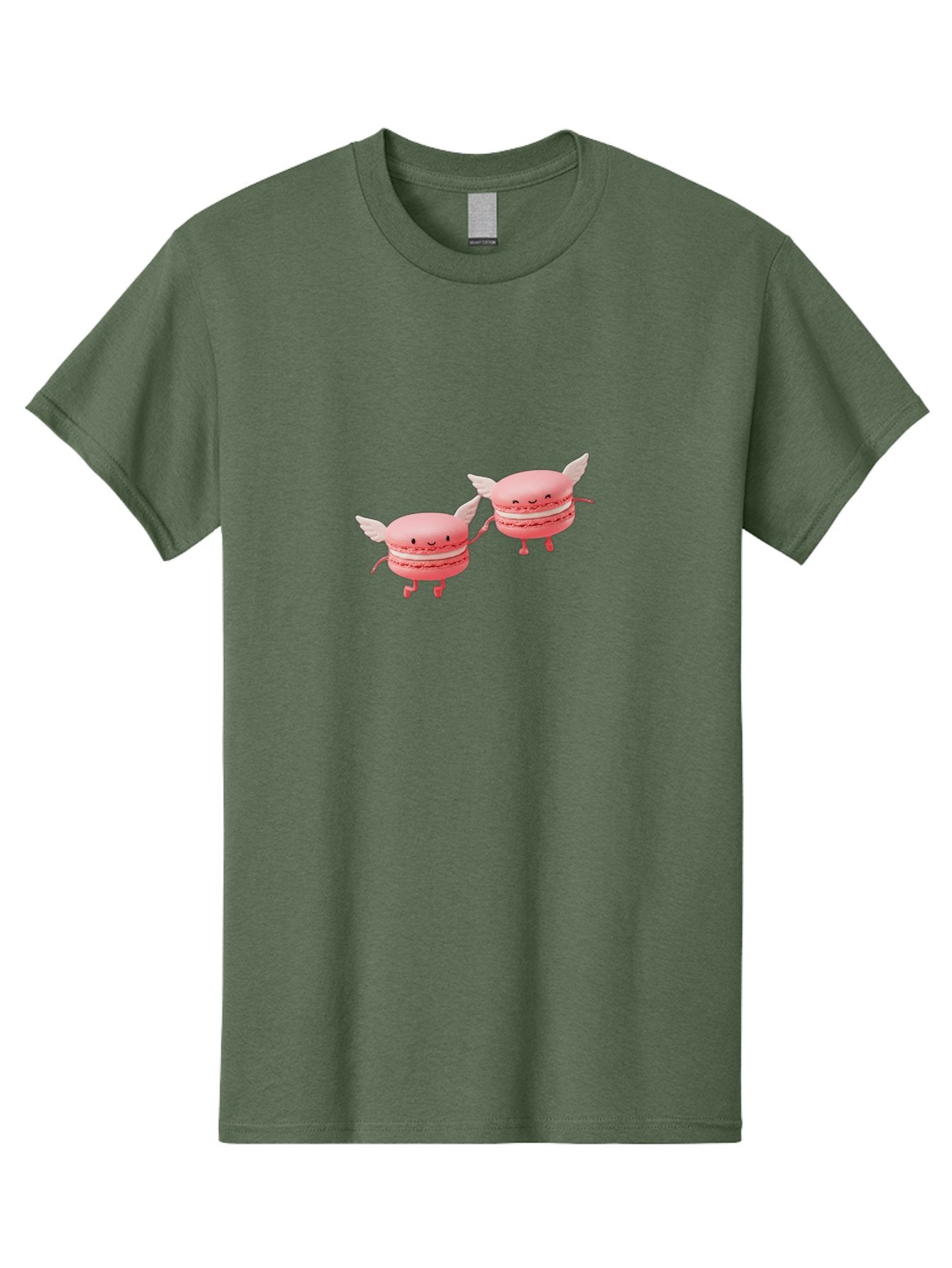 Pink-Macarons-1 Men'S Graphic Tee, 100% Cotton, Comfortable Casual Summer Wear, Machine Washable, Pink Macarons, Cute Desserts, Cartoon Characters, Smiling Faces, White Wings, Playful Treats, Dessert Lovers, Sweet Delights, Bab184 9