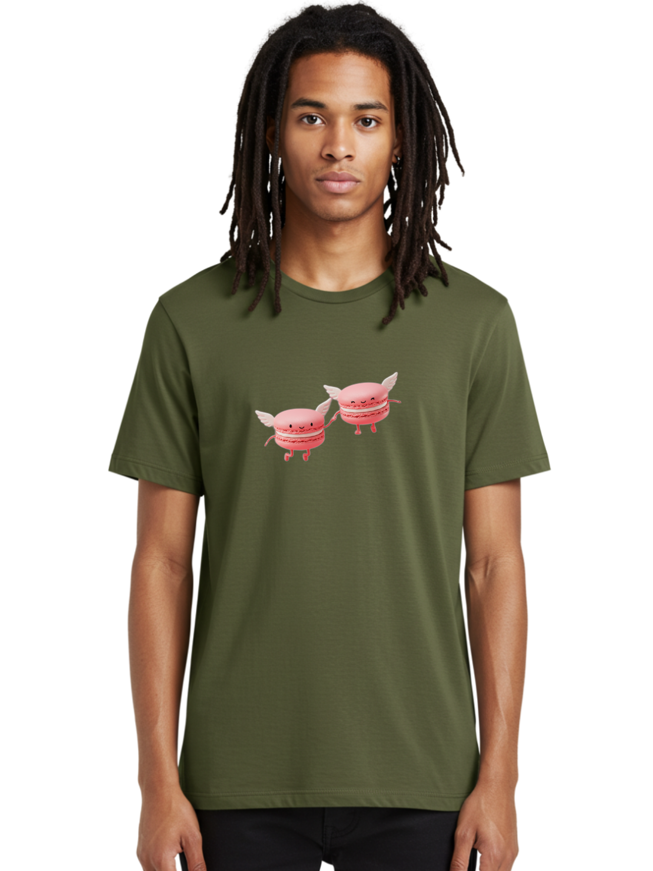 Pink-Macarons-1 Men'S Graphic Tee, 100% Cotton, Comfortable Casual Summer Wear, Machine Washable, Pink Macarons, Cute Desserts, Cartoon Characters, Smiling Faces, White Wings, Playful Treats, Dessert Lovers, Sweet Delights, Bab184 18