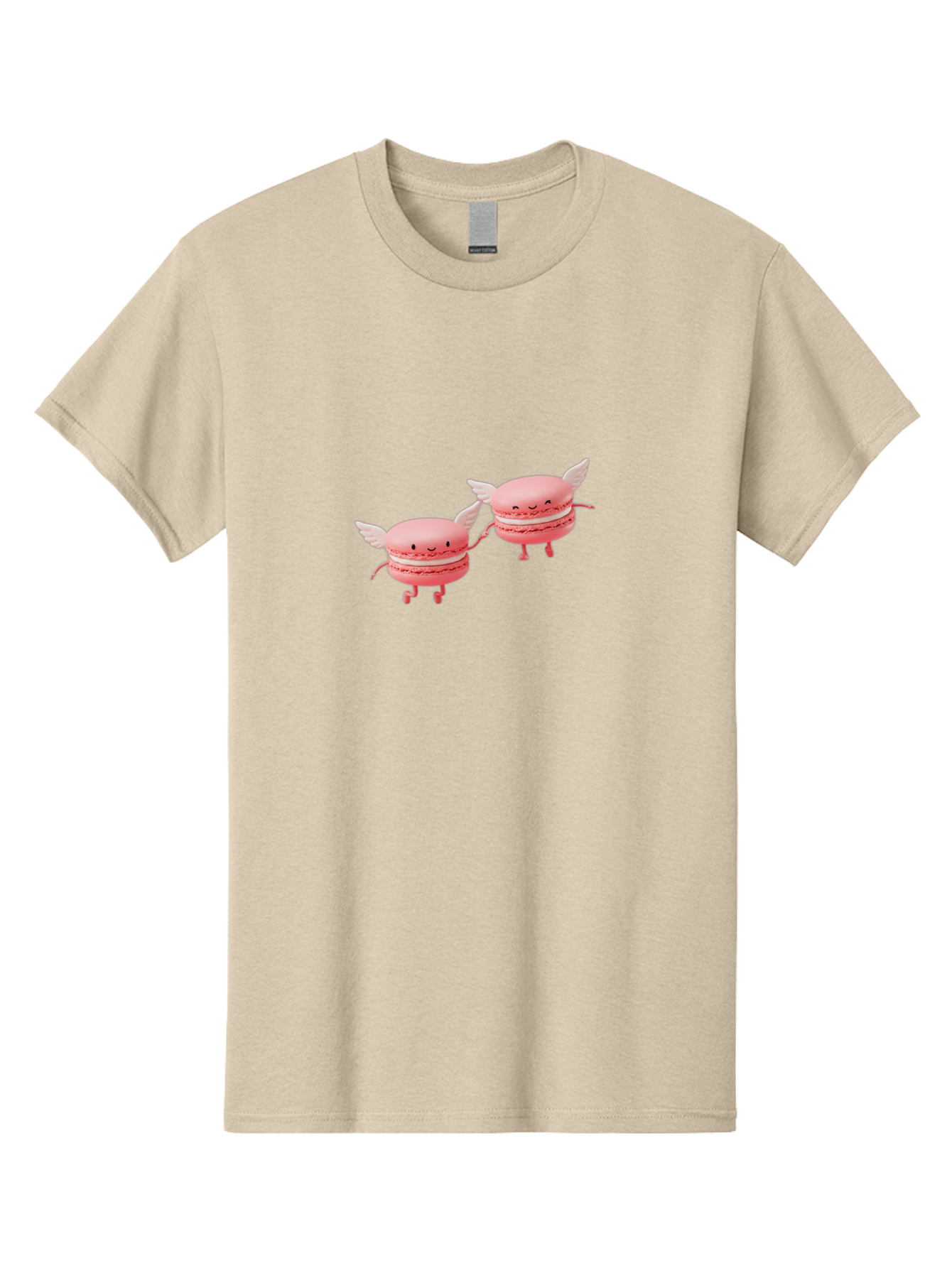 Pink-Macarons-1 Men'S Graphic Tee, 100% Cotton, Comfortable Casual Summer Wear, Machine Washable, Pink Macarons, Cute Desserts, Cartoon Characters, Smiling Faces, White Wings, Playful Treats, Dessert Lovers, Sweet Delights, Bab184 3