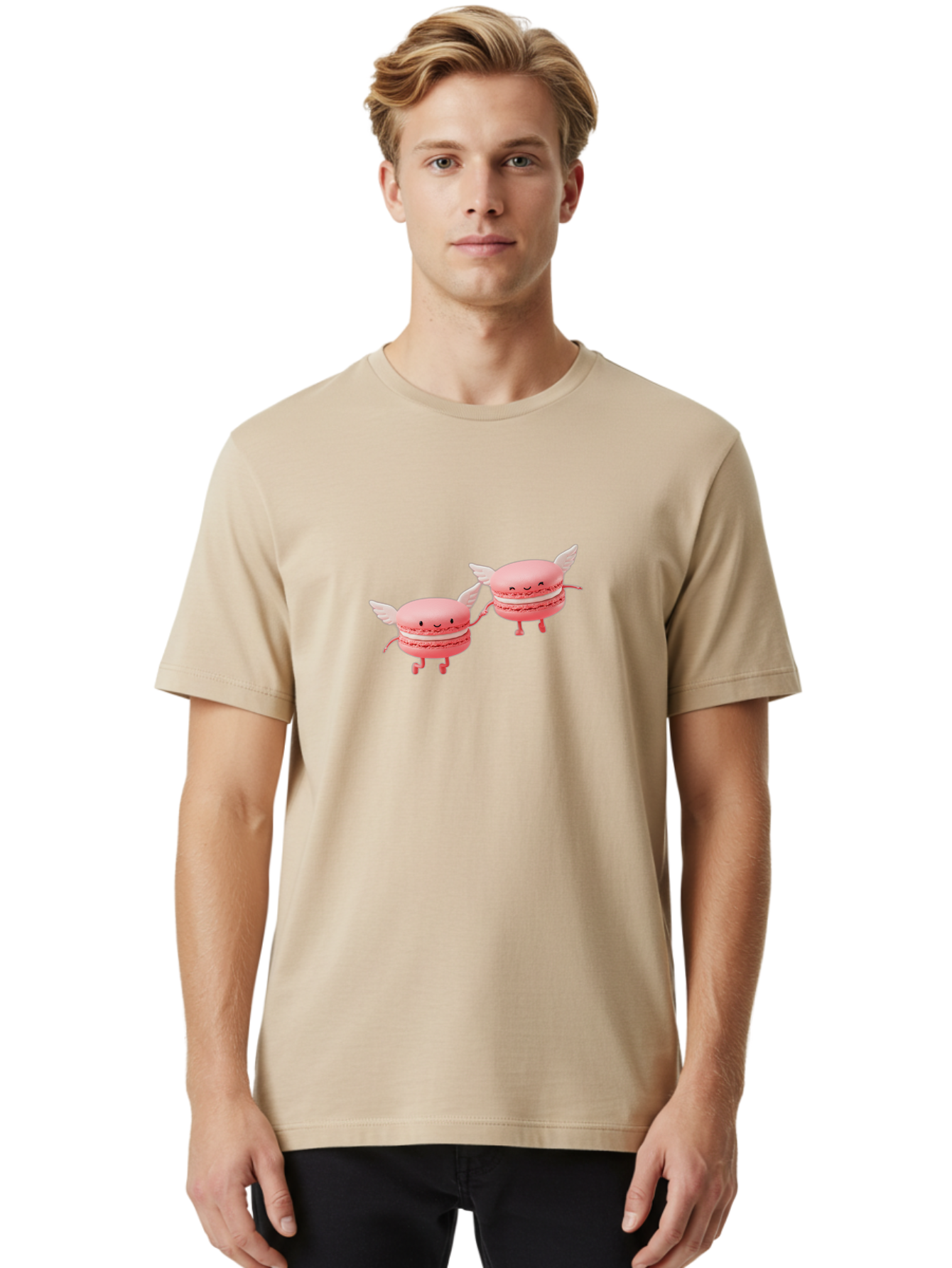 Pink-Macarons-1 Men'S Graphic Tee, 100% Cotton, Comfortable Casual Summer Wear, Machine Washable, Pink Macarons, Cute Desserts, Cartoon Characters, Smiling Faces, White Wings, Playful Treats, Dessert Lovers, Sweet Delights, Bab184 4