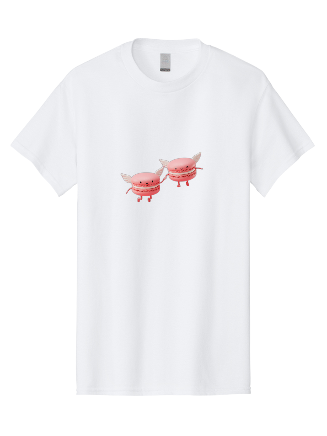 Pink-Macarons-1 Men'S Graphic Tee, 100% Cotton, Comfortable Casual Summer Wear, Machine Washable, Pink Macarons, Cute Desserts, Cartoon Characters, Smiling Faces, White Wings, Playful Treats, Dessert Lovers, Sweet Delights, Bab184 7