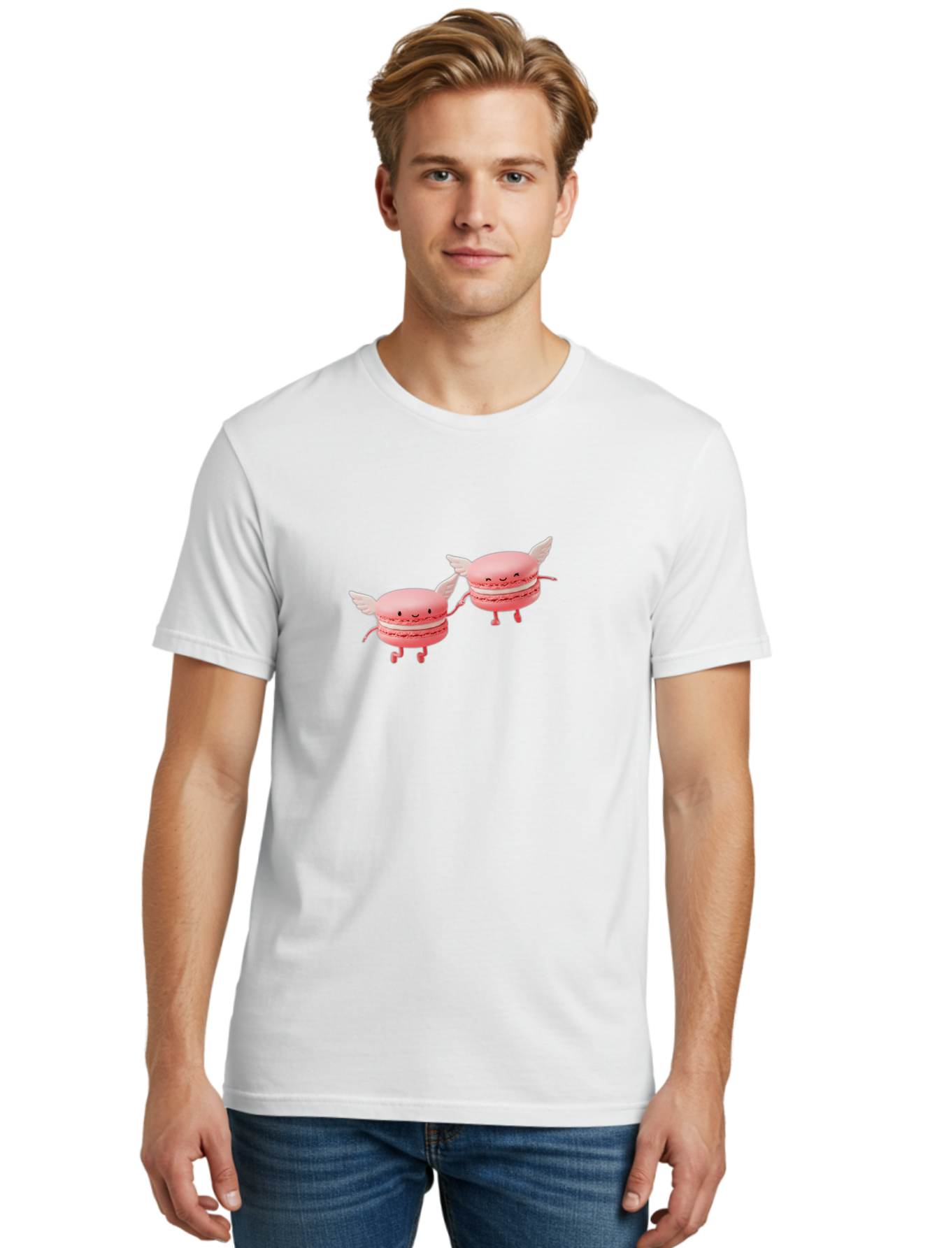 Pink-Macarons-1 Men'S Graphic Tee, 100% Cotton, Comfortable Casual Summer Wear, Machine Washable, Pink Macarons, Cute Desserts, Cartoon Characters, Smiling Faces, White Wings, Playful Treats, Dessert Lovers, Sweet Delights, Bab184 8