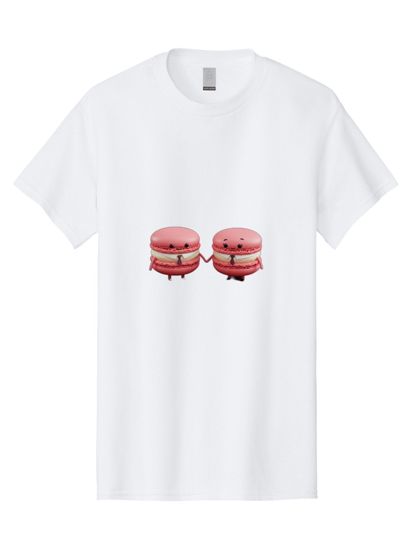 Pink-Macarons-2 Men'S Graphic Tee, 100% Cotton, Comfortable Casual Summer Wear, Machine Washable, Cartoon Macarons, Holding Hands, Anthropomorphic Desserts, Pink Macarons, White Filling, Adorable Characters, Funny Expressions, Bab185 3
