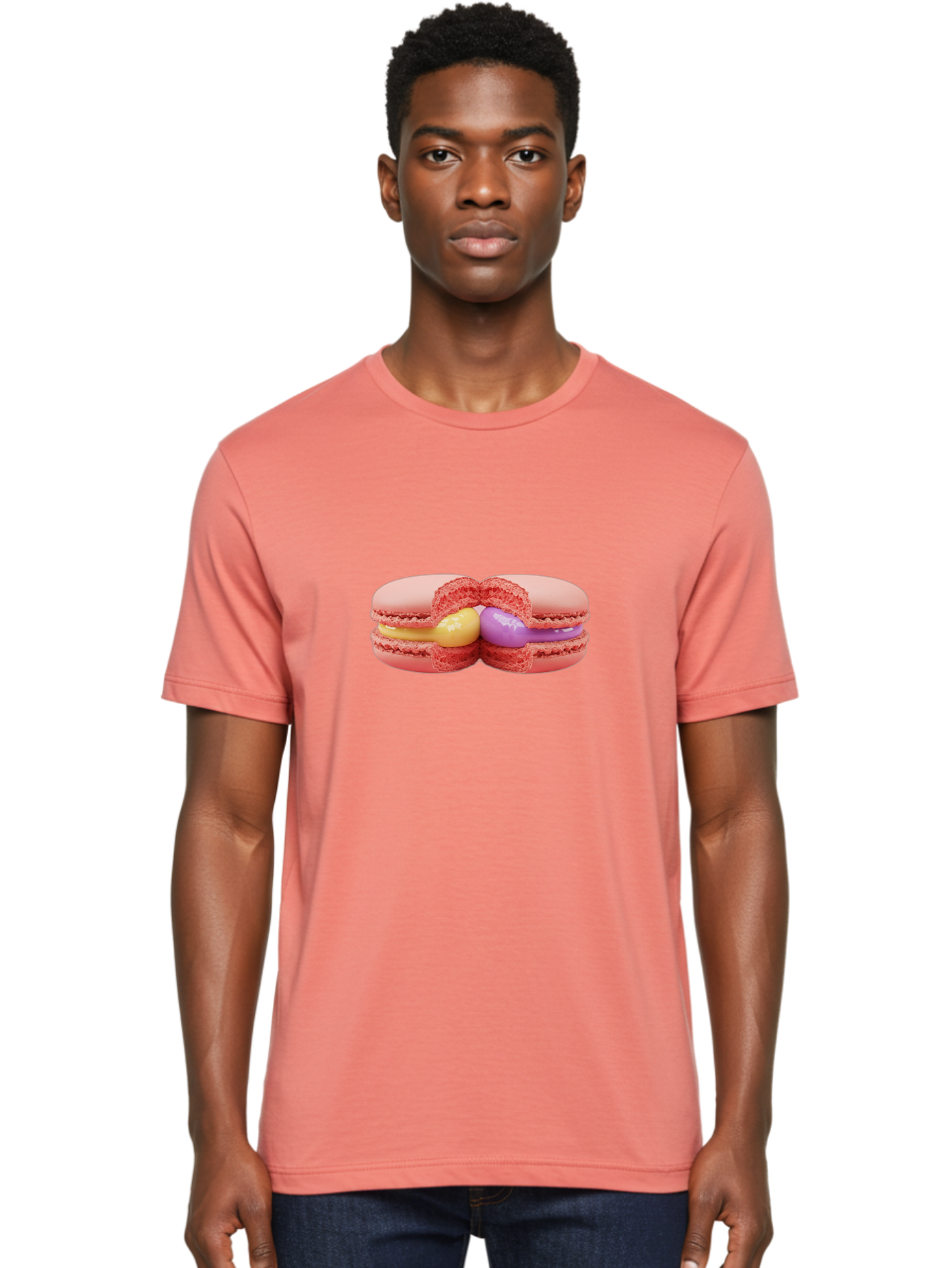 Pink-Macarons-3 Men'S Graphic Tee, 100% Cotton, Comfortable Casual Summer Wear, Machine Washable, Pink Macarons, Yellow And Purple Filling, French Dessert, Sweet Treats, Delicate Meringue, Colorful Pastries, Baked Goods, Gourmet Sweets Bab186