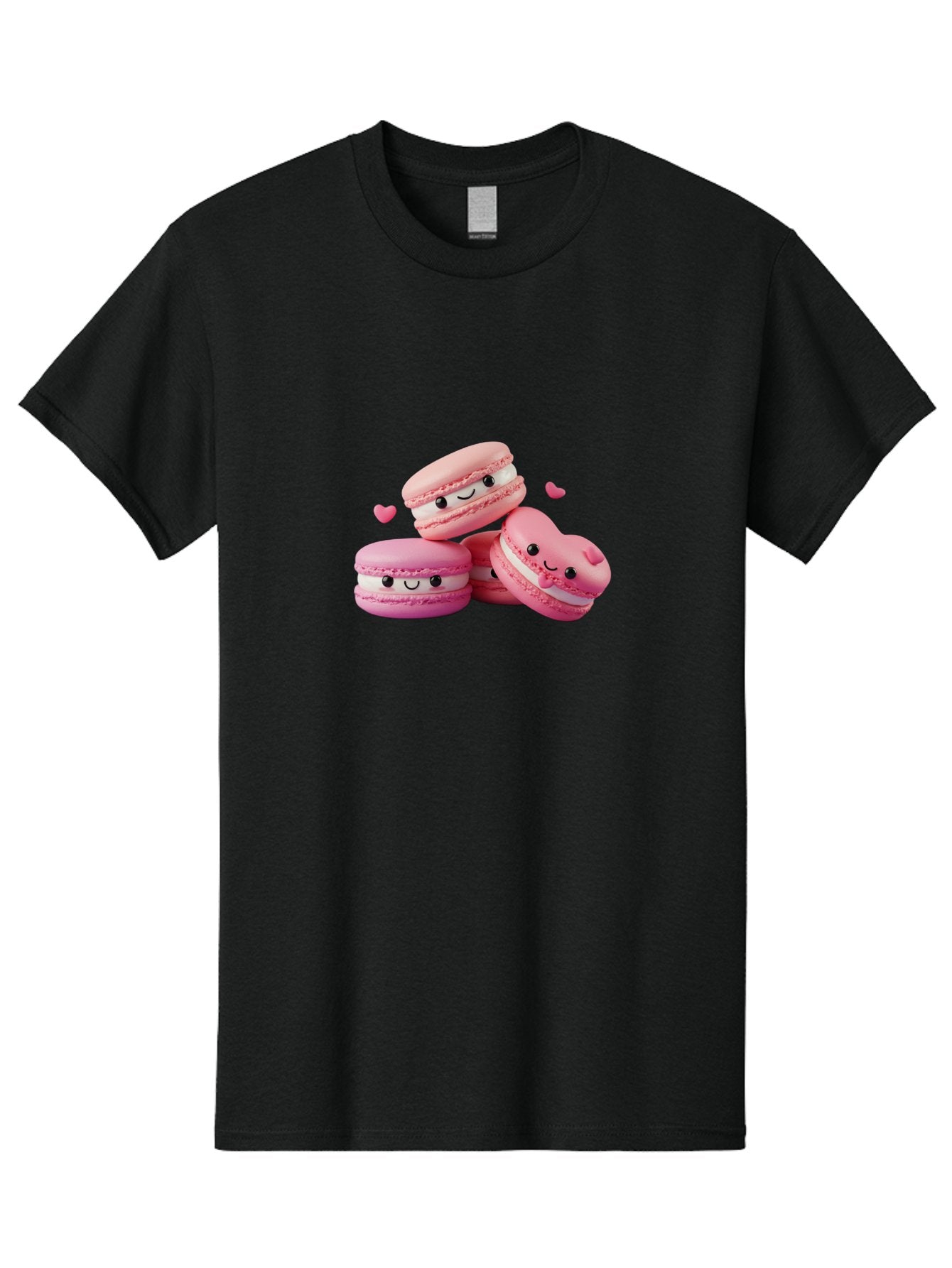 Pink-Macarons-With-Faces Men'S Graphic Tee, 100% Cotton, Comfortable Casual Summer Wear, Machine Washable, Pink Macarons, Smiling Faces, Black Eyes, Cute Desserts, Sweet Treats, Kawaii Food, Pastel Colors, Heart-Shaped Macaron Bab187