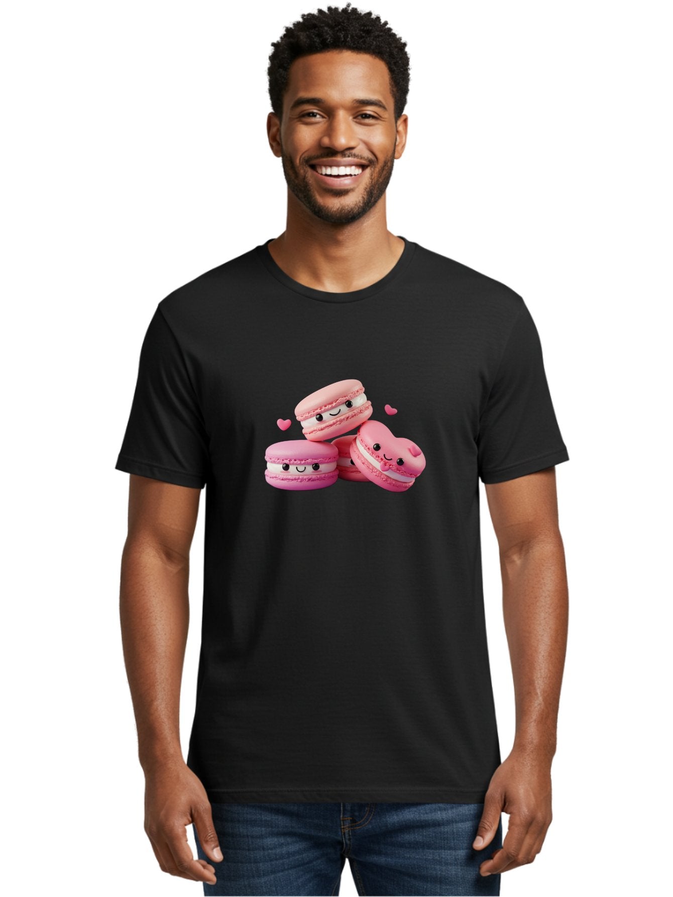 Pink-Macarons-With-Faces Men'S Graphic Tee, 100% Cotton, Comfortable Casual Summer Wear, Machine Washable, Pink Macarons, Smiling Faces, Black Eyes, Cute Desserts, Sweet Treats, Kawaii Food, Pastel Colors, Heart-Shaped Macaron Bab187 19