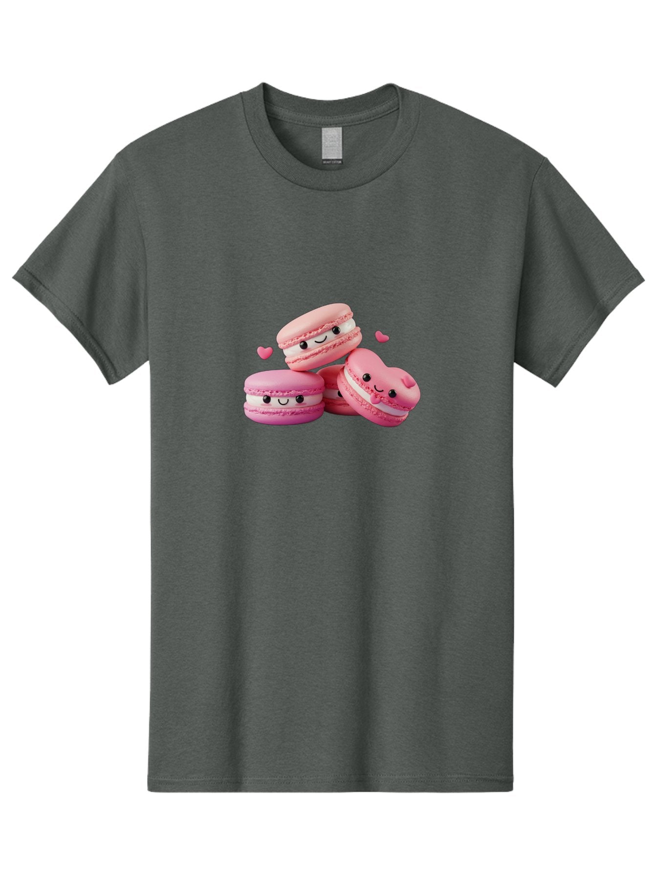 Pink-Macarons-With-Faces Men'S Graphic Tee, 100% Cotton, Comfortable Casual Summer Wear, Machine Washable, Pink Macarons, Smiling Faces, Black Eyes, Cute Desserts, Sweet Treats, Kawaii Food, Pastel Colors, Heart-Shaped Macaron Bab187