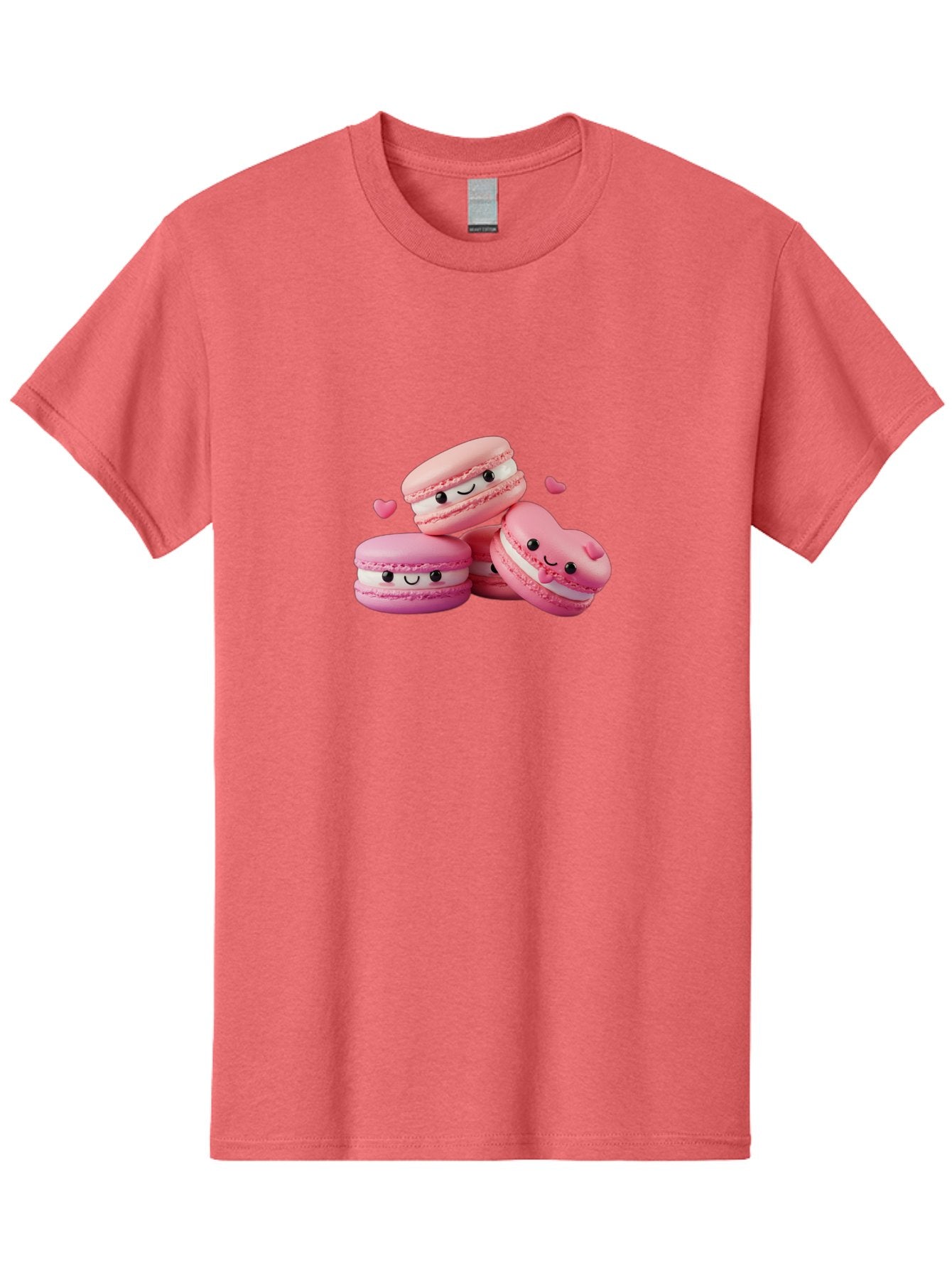 Pink-Macarons-With-Faces Men'S Graphic Tee, 100% Cotton, Comfortable Casual Summer Wear, Machine Washable, Pink Macarons, Smiling Faces, Black Eyes, Cute Desserts, Sweet Treats, Kawaii Food, Pastel Colors, Heart-Shaped Macaron Bab187 3