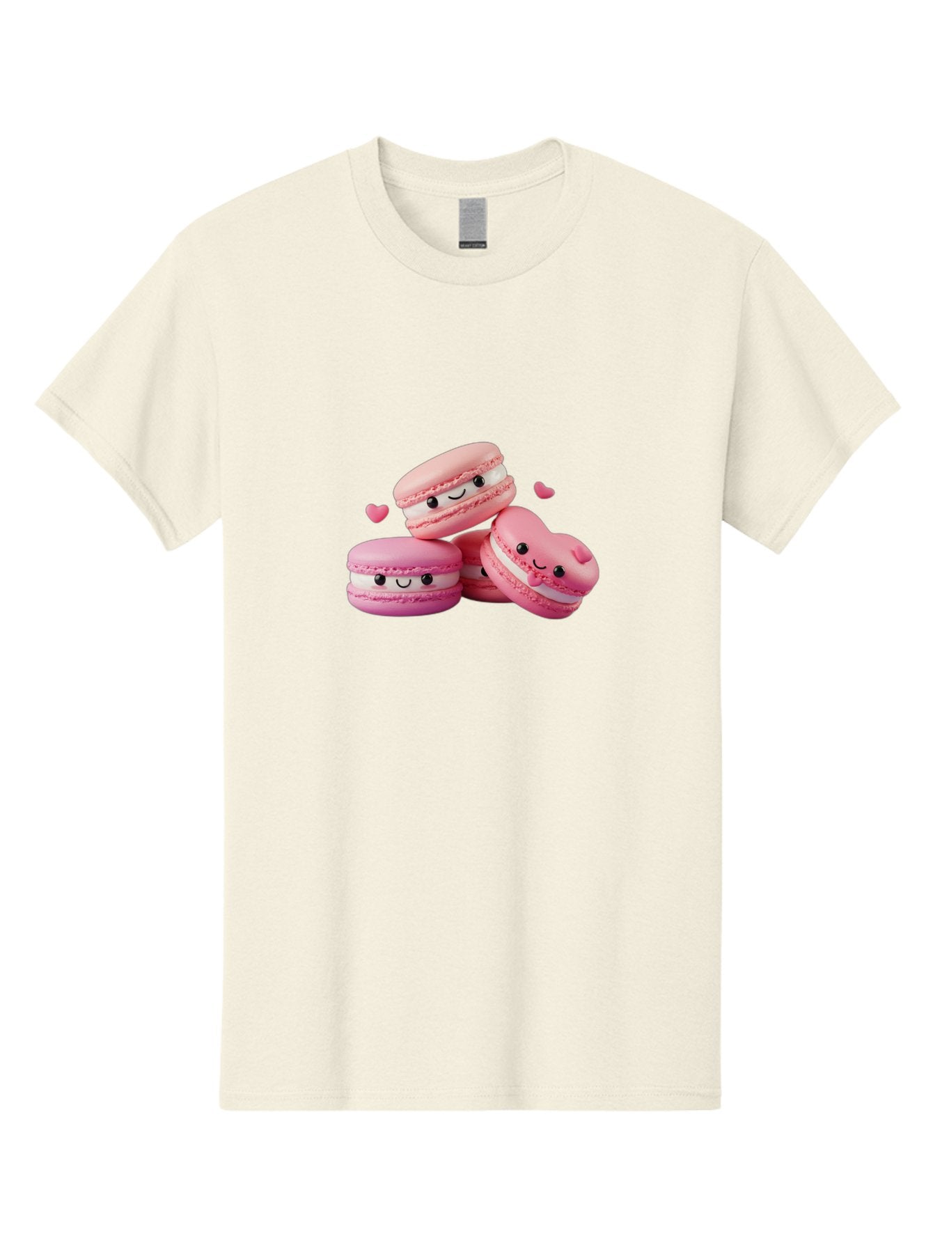 Pink-Macarons-With-Faces Men'S Graphic Tee, 100% Cotton, Comfortable Casual Summer Wear, Machine Washable, Pink Macarons, Smiling Faces, Black Eyes, Cute Desserts, Sweet Treats, Kawaii Food, Pastel Colors, Heart-Shaped Macaron Bab187 4