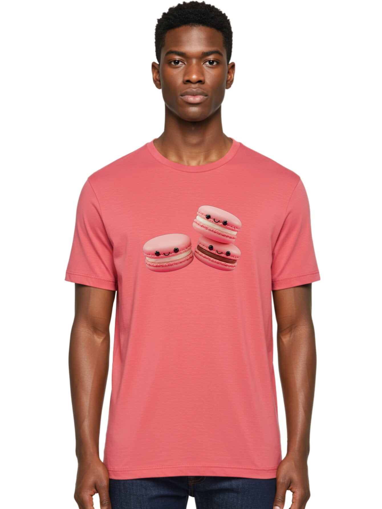 Pink-Macarons Men'S Graphic Tee, 100% Cotton, Comfortable Casual Summer Wear, Machine Washable, Pink Macarons, Sweet Treats, Dessert, French Pastry, Cute, Adorable, Smiling Macarons, Macaron Stack, Vanilla, Chocolate Filling, Bakery Delights Bab188 18