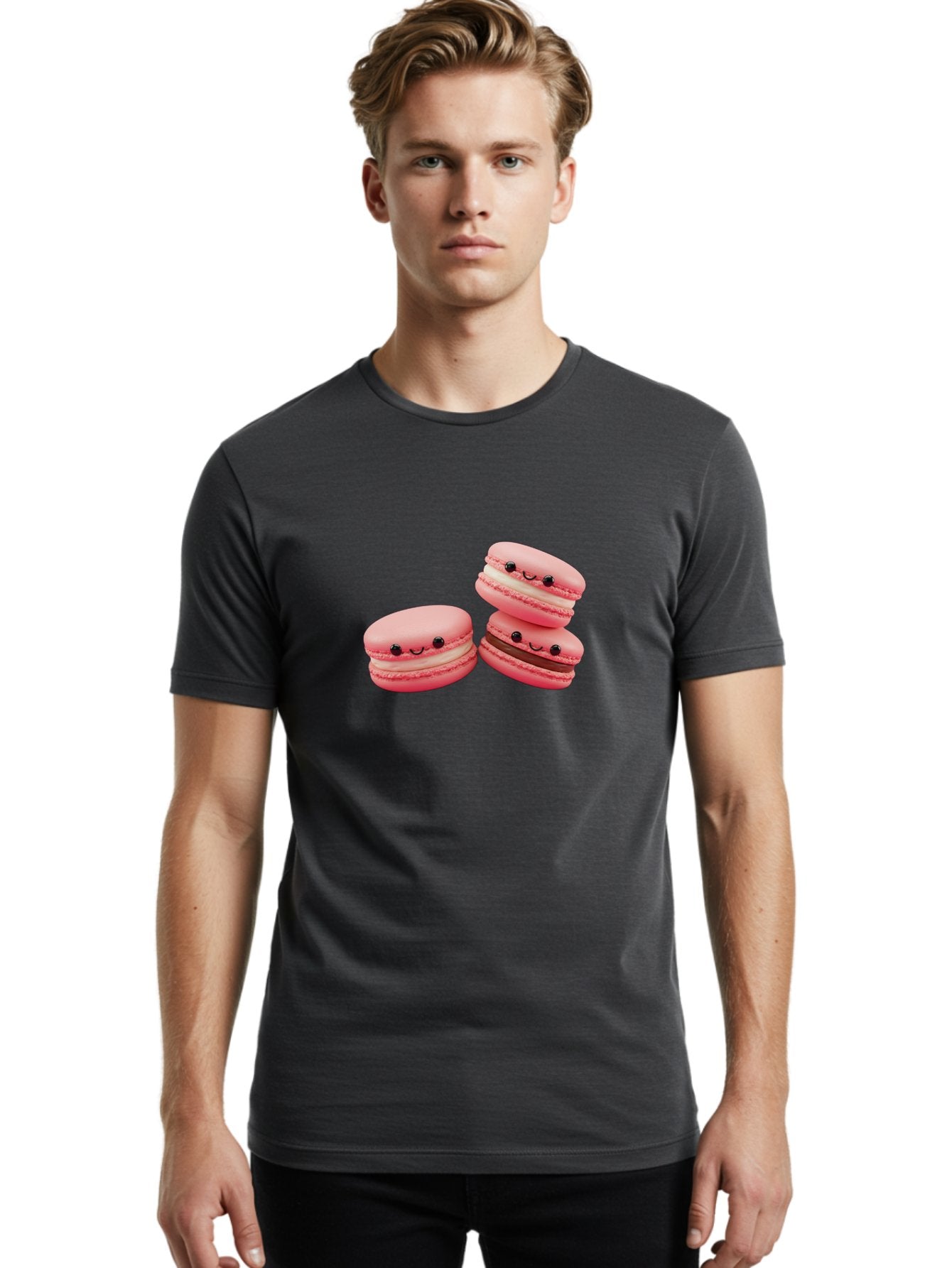 Pink-Macarons Men'S Graphic Tee, 100% Cotton, Comfortable Casual Summer Wear, Machine Washable, Pink Macarons, Sweet Treats, Dessert, French Pastry, Cute, Adorable, Smiling Macarons, Macaron Stack, Vanilla, Chocolate Filling, Bakery Delights Bab188 23