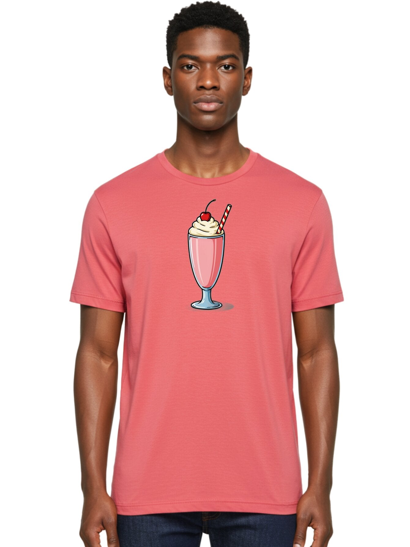 Pink-Milkshake Men'S Graphic Tee, 100% Cotton, Comfortable Casual Summer Wear, Machine Washable, Strawberry Milkshake, Whipped Cream, Cherry On Top, Red And White Straw, Sweet Treat, Creamy Texture, Pink Color, Glass Cup, Dessert, Bab190 24