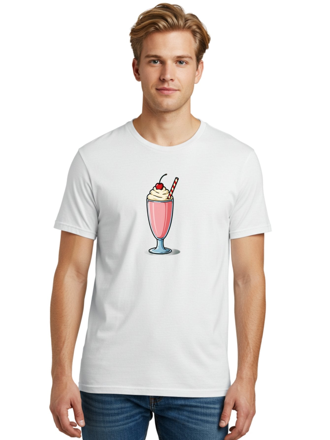 Pink-Milkshake Men'S Graphic Tee, 100% Cotton, Comfortable Casual Summer Wear, Machine Washable, Strawberry Milkshake, Whipped Cream, Cherry On Top, Red And White Straw, Sweet Treat, Creamy Texture, Pink Color, Glass Cup, Dessert, Bab190 25