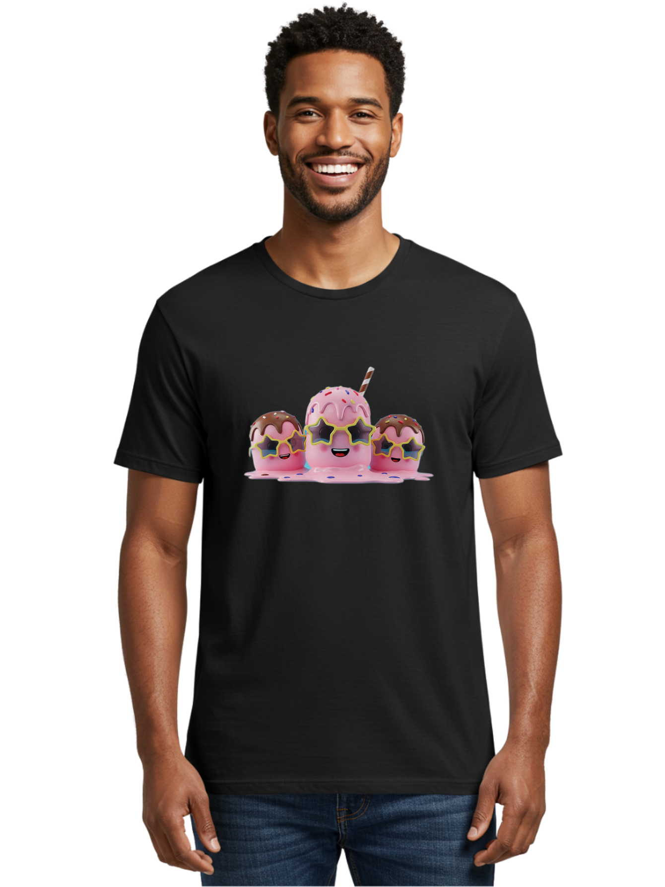 Pink-Milkshakes Men'S Graphic Tee, 100% Cotton, Comfortable Casual Summer Wear, Machine Washable, Pink Milkshake, Chocolate Topping, Colorful Sprinkles, Kawaii Characters, Melted Ice Cream, Fun Design, Sweet Treats, Dessert Lovers, Bab191 28