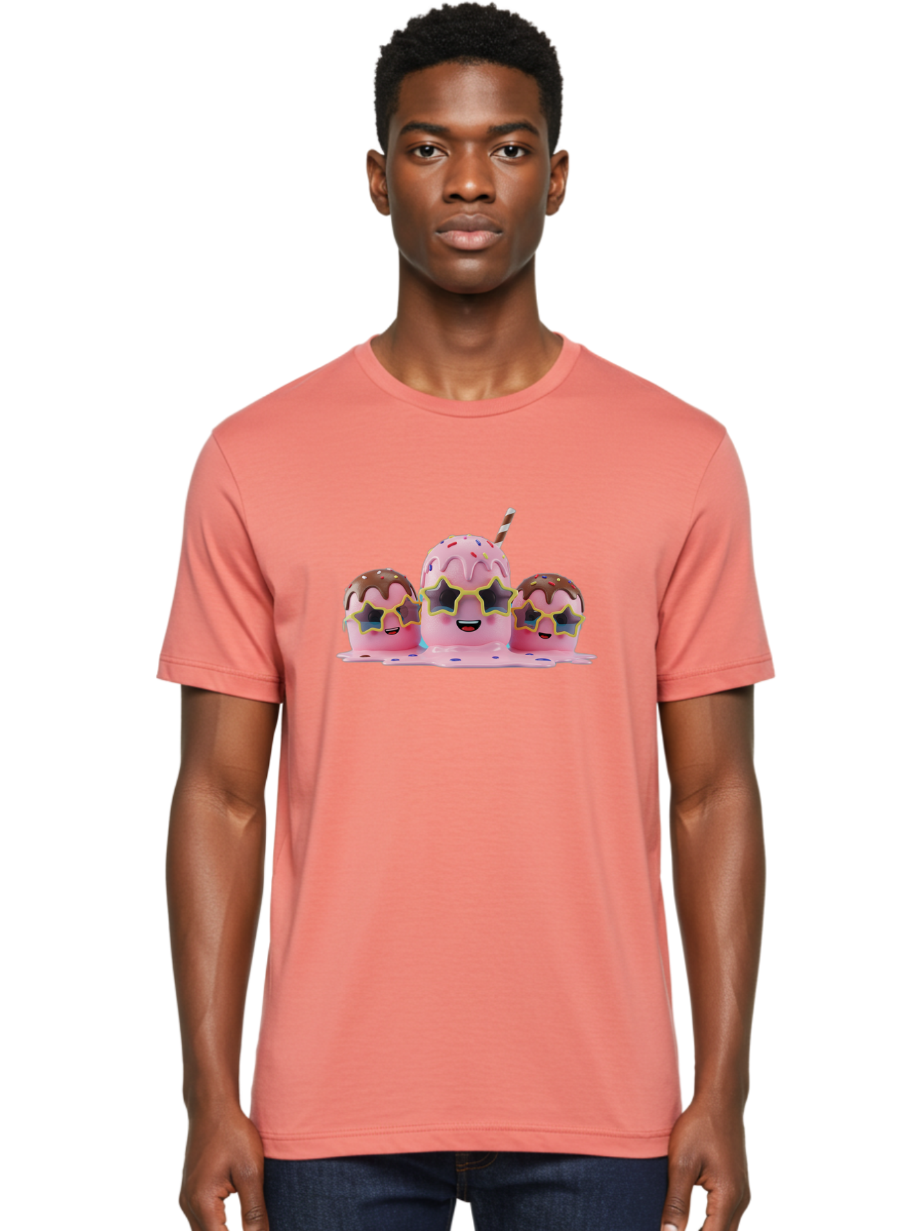 Pink-Milkshakes Men'S Graphic Tee, 100% Cotton, Comfortable Casual Summer Wear, Machine Washable, Pink Milkshake, Chocolate Topping, Colorful Sprinkles, Kawaii Characters, Melted Ice Cream, Fun Design, Sweet Treats, Dessert Lovers, Bab191