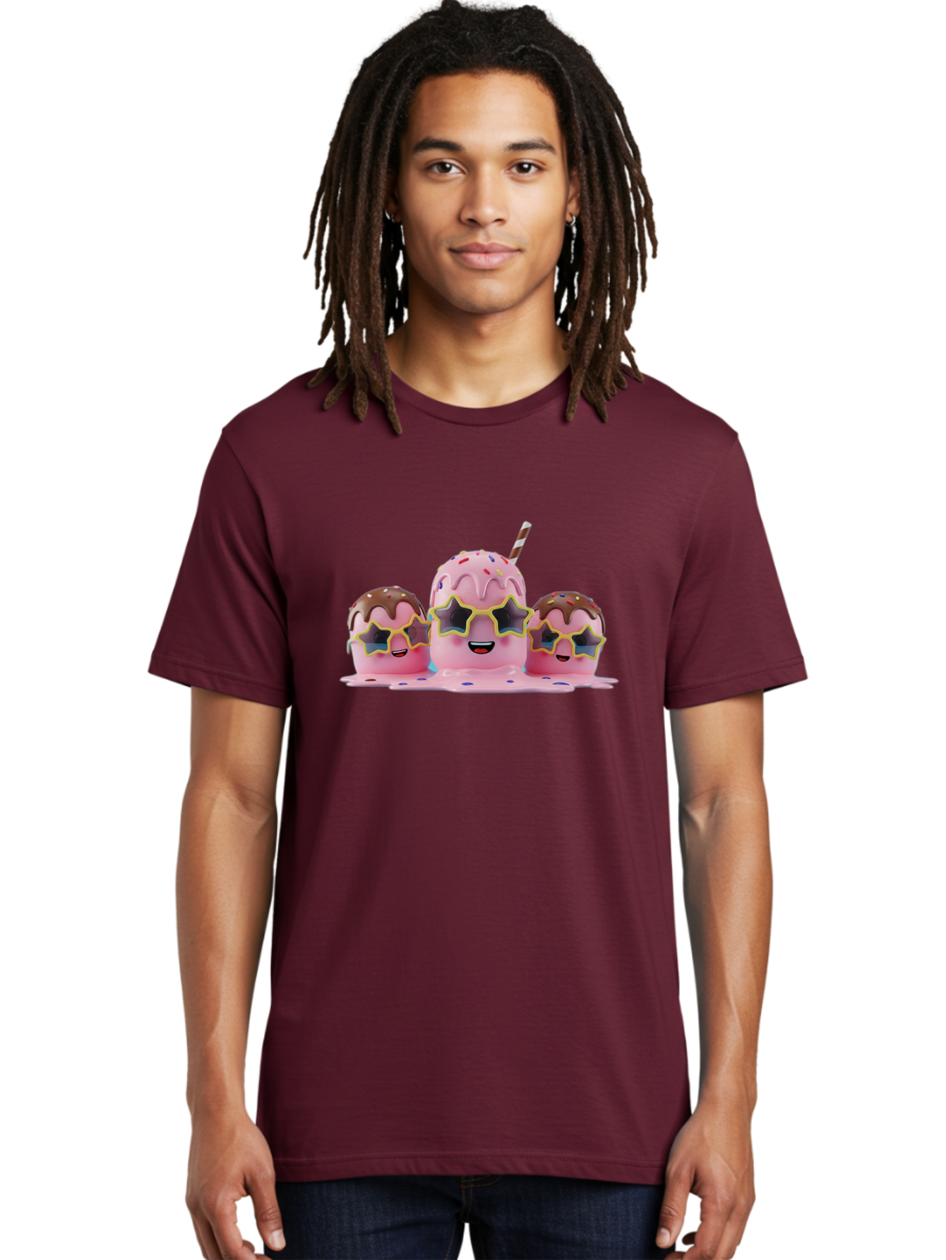 Pink-Milkshakes Men'S Graphic Tee, 100% Cotton, Comfortable Casual Summer Wear, Machine Washable, Pink Milkshake, Chocolate Topping, Colorful Sprinkles, Kawaii Characters, Melted Ice Cream, Fun Design, Sweet Treats, Dessert Lovers, Bab191 16