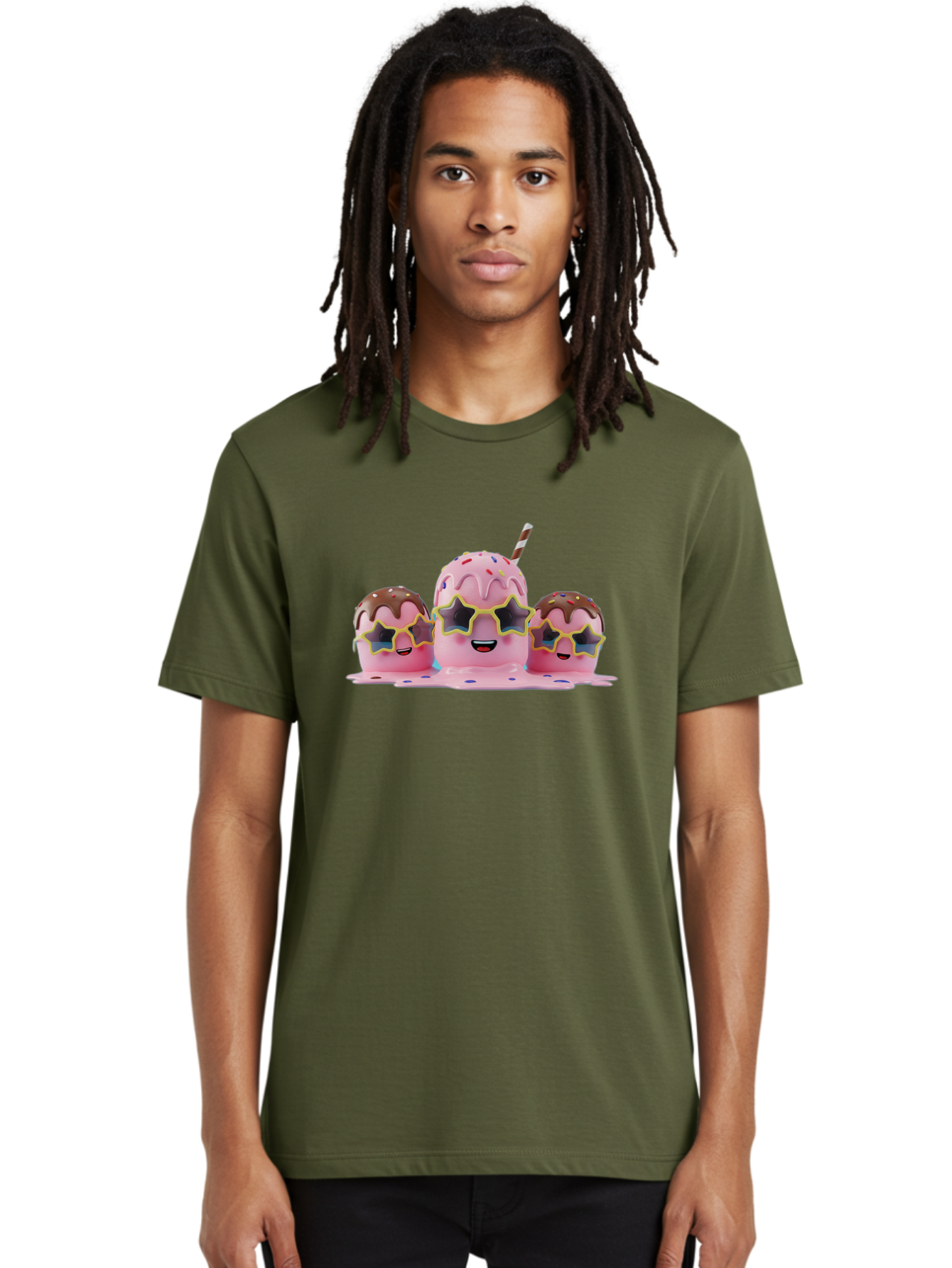 Pink-Milkshakes Men'S Graphic Tee, 100% Cotton, Comfortable Casual Summer Wear, Machine Washable, Pink Milkshake, Chocolate Topping, Colorful Sprinkles, Kawaii Characters, Melted Ice Cream, Fun Design, Sweet Treats, Dessert Lovers, Bab191 18