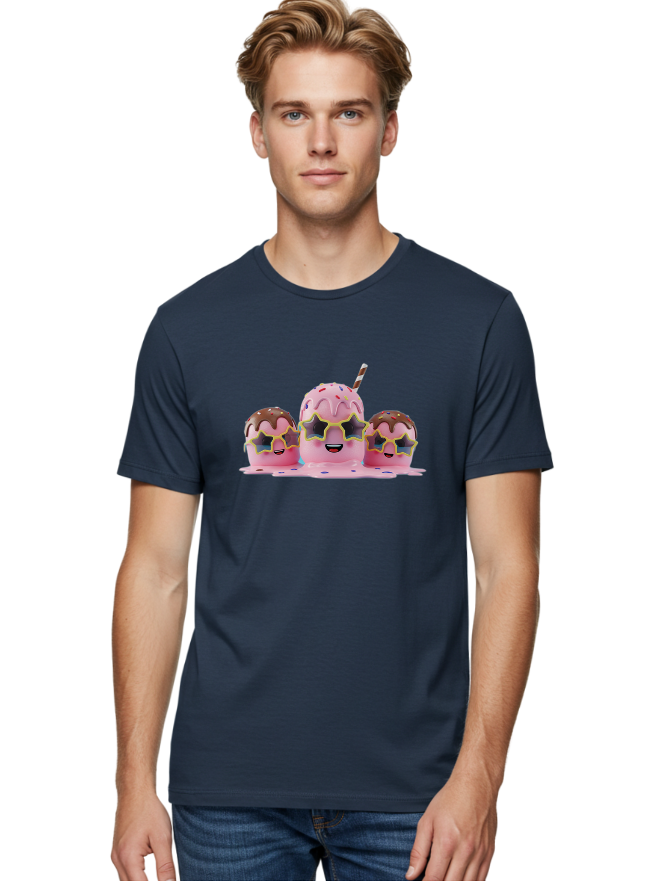 Pink-Milkshakes Men'S Graphic Tee, 100% Cotton, Comfortable Casual Summer Wear, Machine Washable, Pink Milkshake, Chocolate Topping, Colorful Sprinkles, Kawaii Characters, Melted Ice Cream, Fun Design, Sweet Treats, Dessert Lovers, Bab191 22