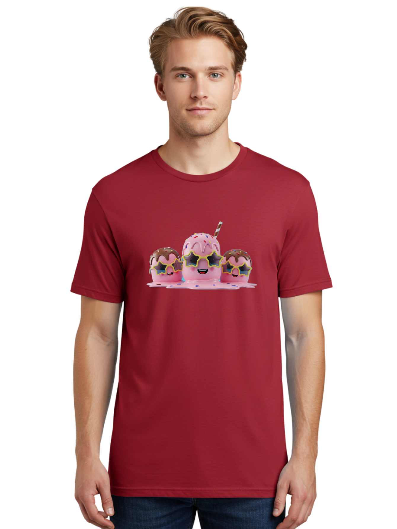 Pink-Milkshakes Men'S Graphic Tee, 100% Cotton, Comfortable Casual Summer Wear, Machine Washable, Pink Milkshake, Chocolate Topping, Colorful Sprinkles, Kawaii Characters, Melted Ice Cream, Fun Design, Sweet Treats, Dessert Lovers, Bab191 26