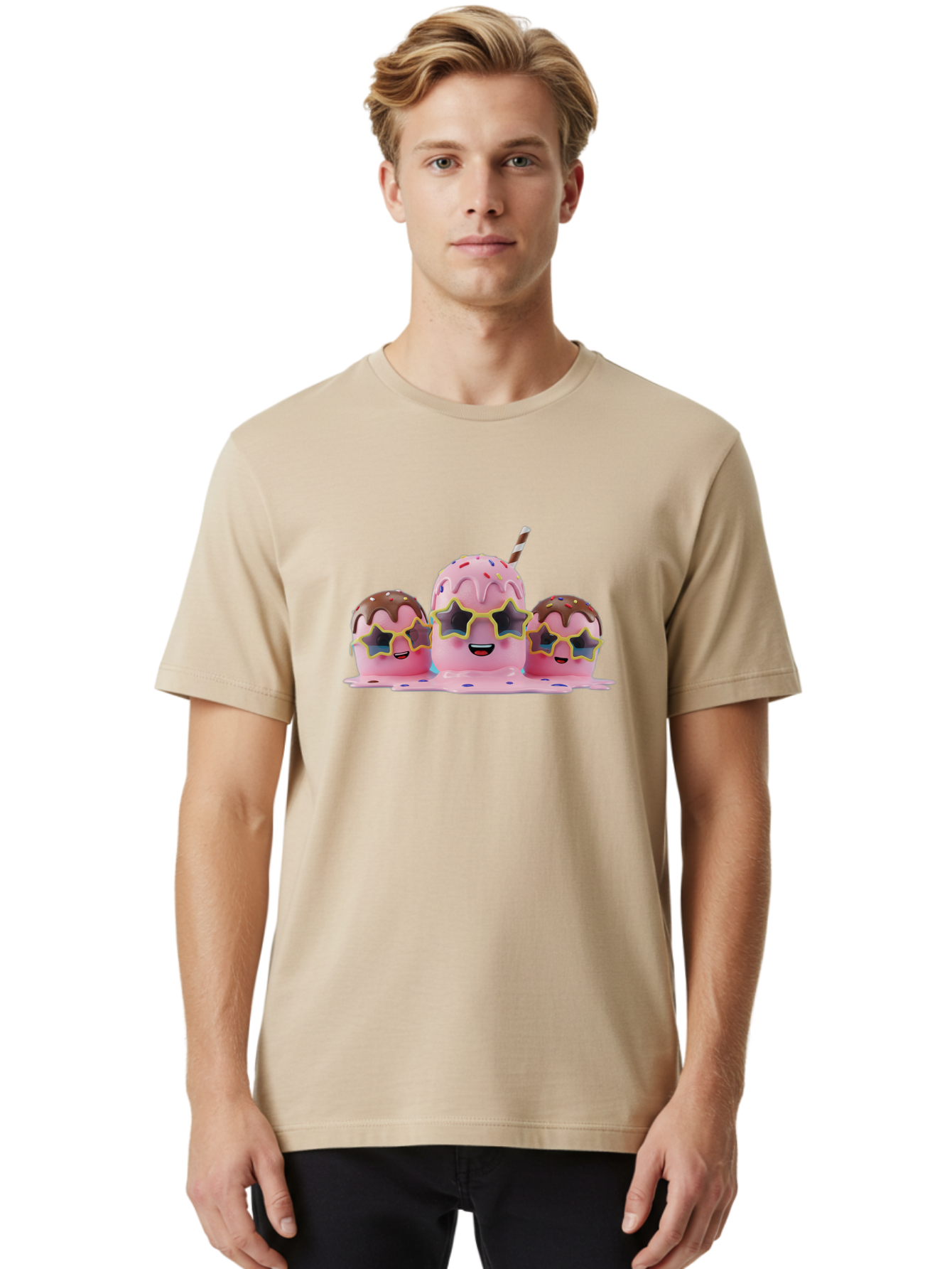 Pink-Milkshakes Men'S Graphic Tee, 100% Cotton, Comfortable Casual Summer Wear, Machine Washable, Pink Milkshake, Chocolate Topping, Colorful Sprinkles, Kawaii Characters, Melted Ice Cream, Fun Design, Sweet Treats, Dessert Lovers, Bab191 4