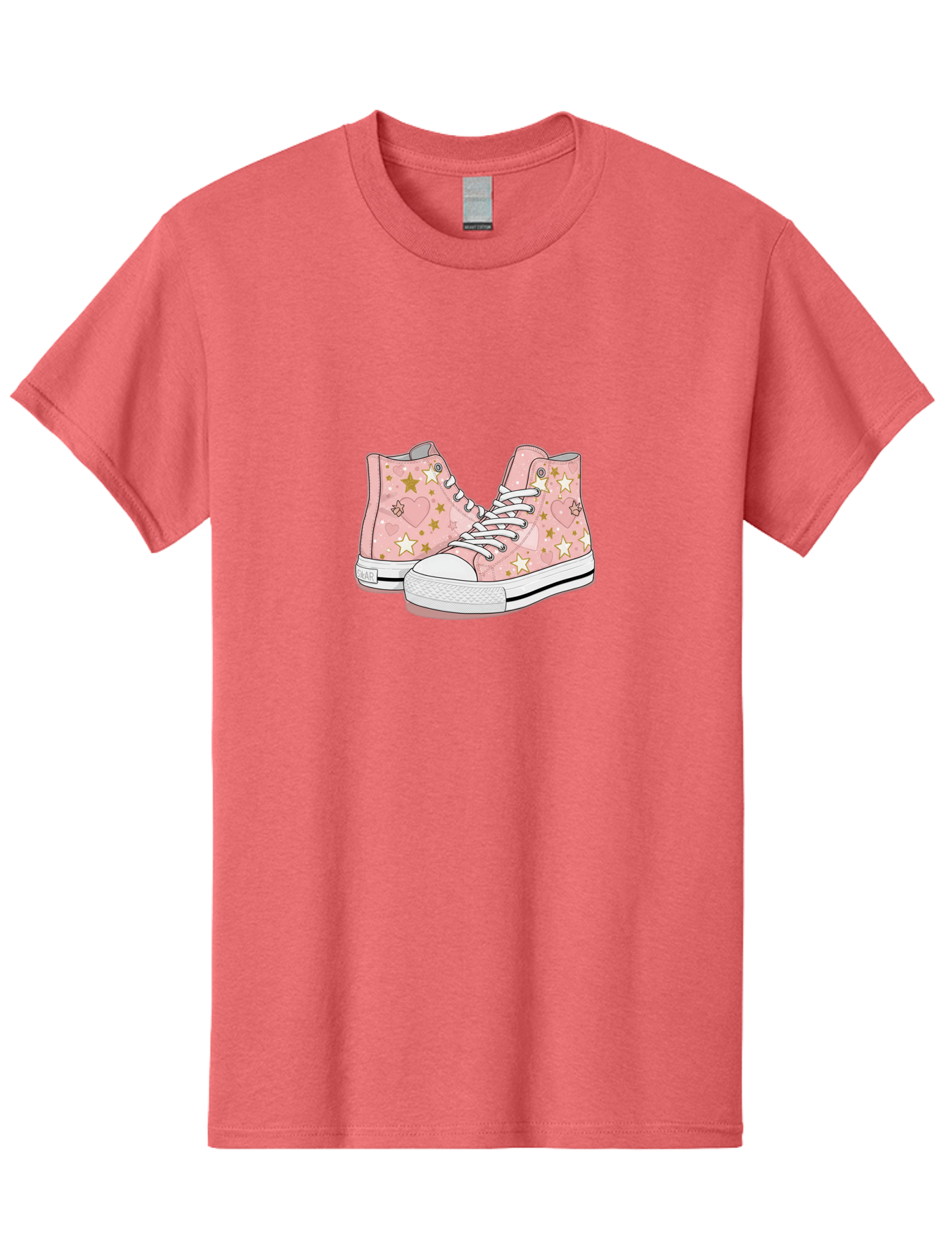 Pink-Star-Converse Men'S Graphic Tee, 100% Cotton, Comfortable Casual Summer Wear, Machine Washable, Pink Converse Sneakers, Star Pattern, Heart Design, White Laces, Fashion Footwear, Casual Style, Sneakers With Hearts, Star-Themed Shoes, Bab194