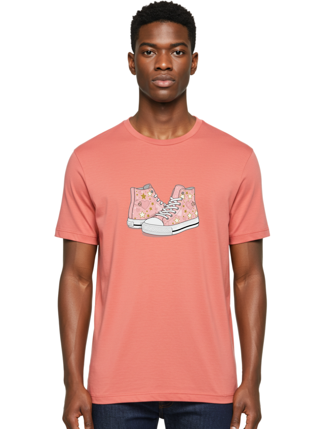 Pink-Star-Converse Men'S Graphic Tee, 100% Cotton, Comfortable Casual Summer Wear, Machine Washable, Pink Converse Sneakers, Star Pattern, Heart Design, White Laces, Fashion Footwear, Casual Style, Sneakers With Hearts, Star-Themed Shoes, Bab194
