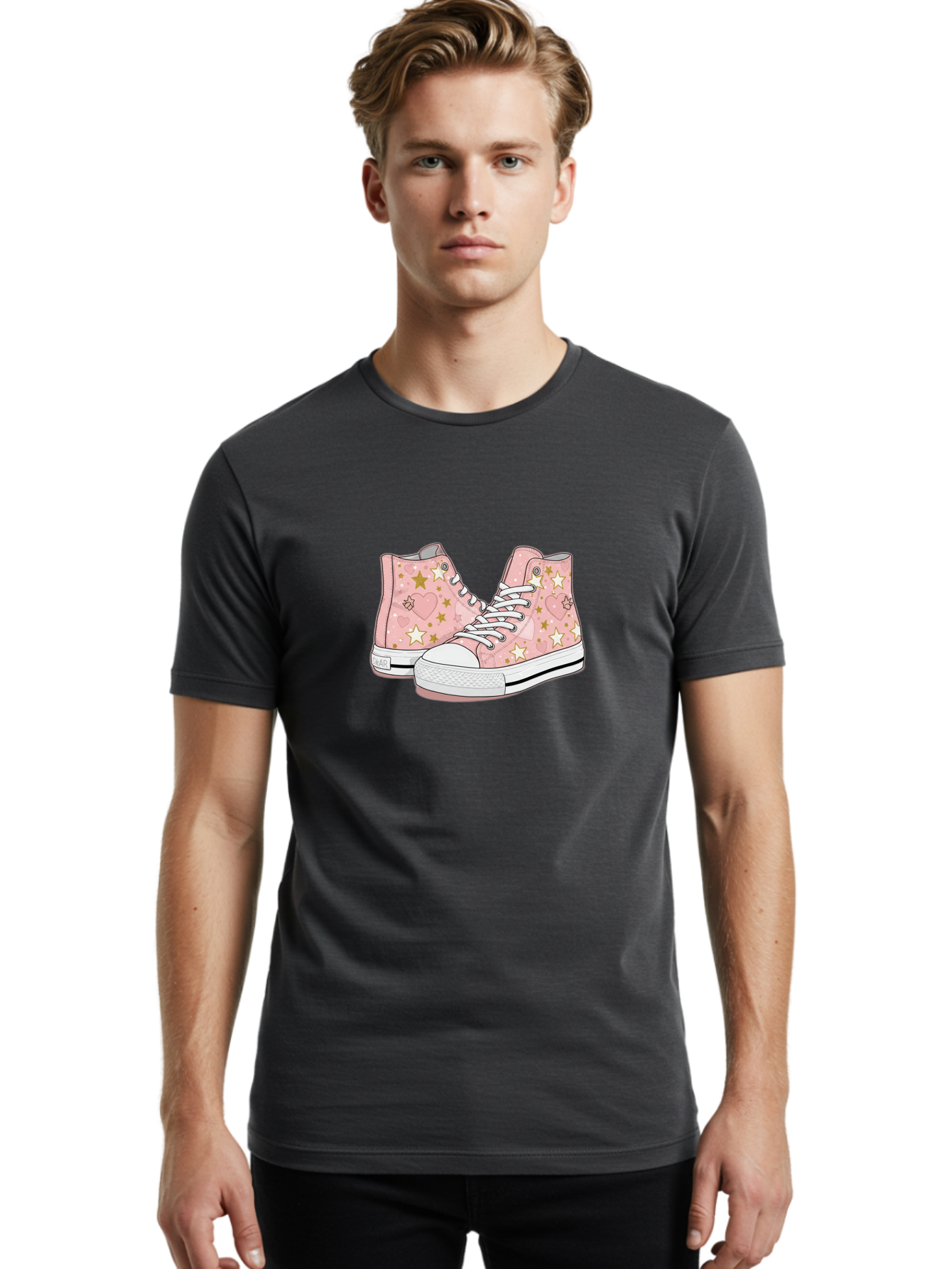 Pink-Star-Converse Men'S Graphic Tee, 100% Cotton, Comfortable Casual Summer Wear, Machine Washable, Pink Converse Sneakers, Star Pattern, Heart Design, White Laces, Fashion Footwear, Casual Style, Sneakers With Hearts, Star-Themed Shoes, Bab194 10