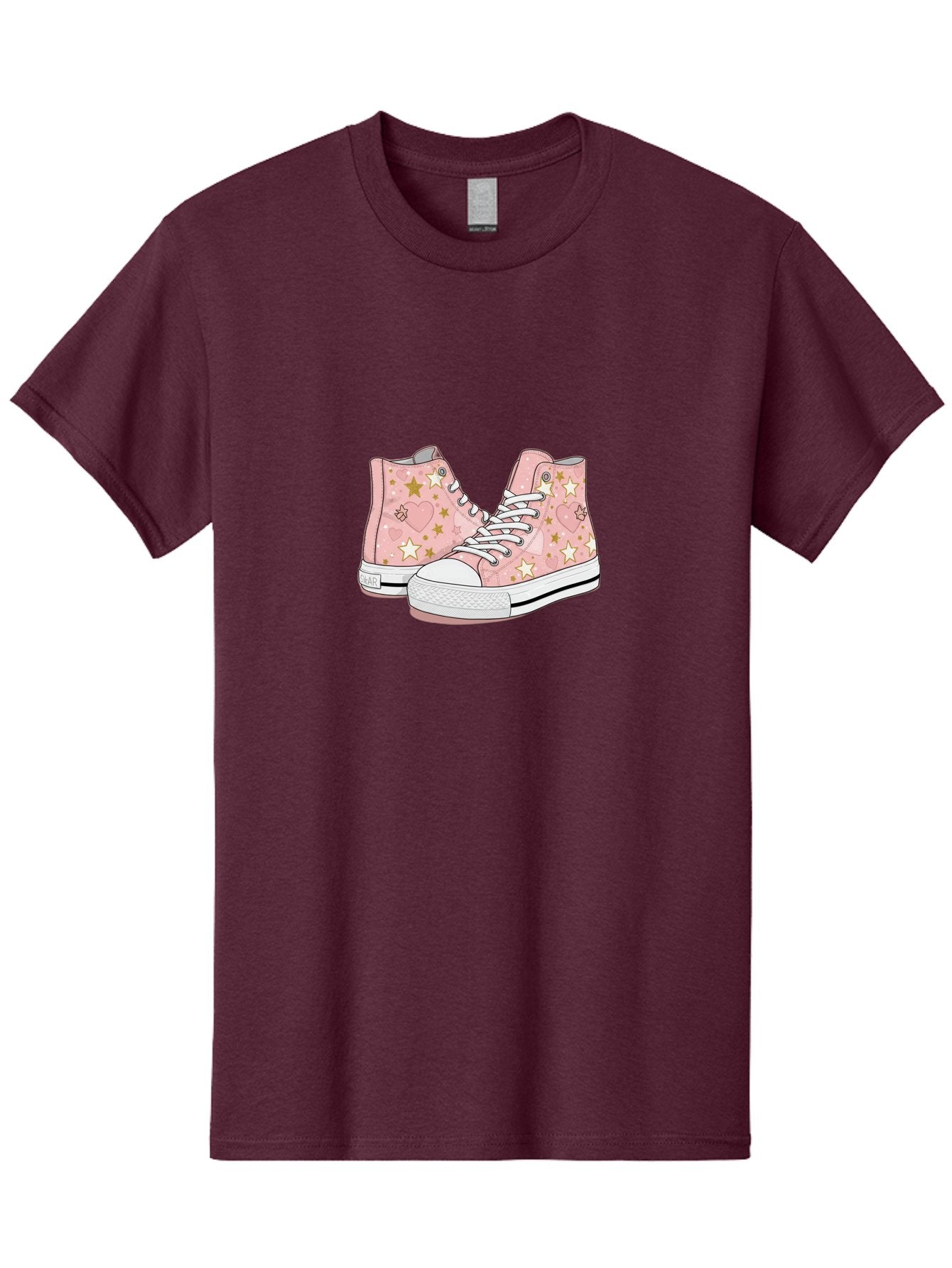 Pink-Star-Converse Men'S Graphic Tee, 100% Cotton, Comfortable Casual Summer Wear, Machine Washable, Pink Converse Sneakers, Star Pattern, Heart Design, White Laces, Fashion Footwear, Casual Style, Sneakers With Hearts, Star-Themed Shoes, Bab194 4