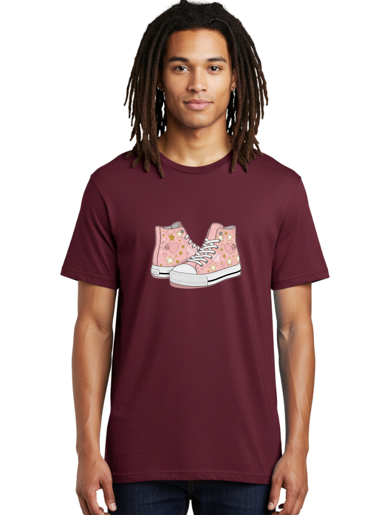 Pink-Star-Converse Men'S Graphic Tee, 100% Cotton, Comfortable Casual Summer Wear, Machine Washable, Pink Converse Sneakers, Star Pattern, Heart Design, White Laces, Fashion Footwear, Casual Style, Sneakers With Hearts, Star-Themed Shoes, Bab194 16