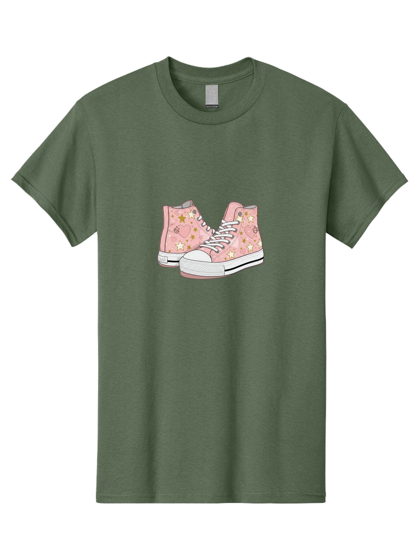 Pink-Star-Converse Men'S Graphic Tee, 100% Cotton, Comfortable Casual Summer Wear, Machine Washable, Pink Converse Sneakers, Star Pattern, Heart Design, White Laces, Fashion Footwear, Casual Style, Sneakers With Hearts, Star-Themed Shoes, Bab194 8