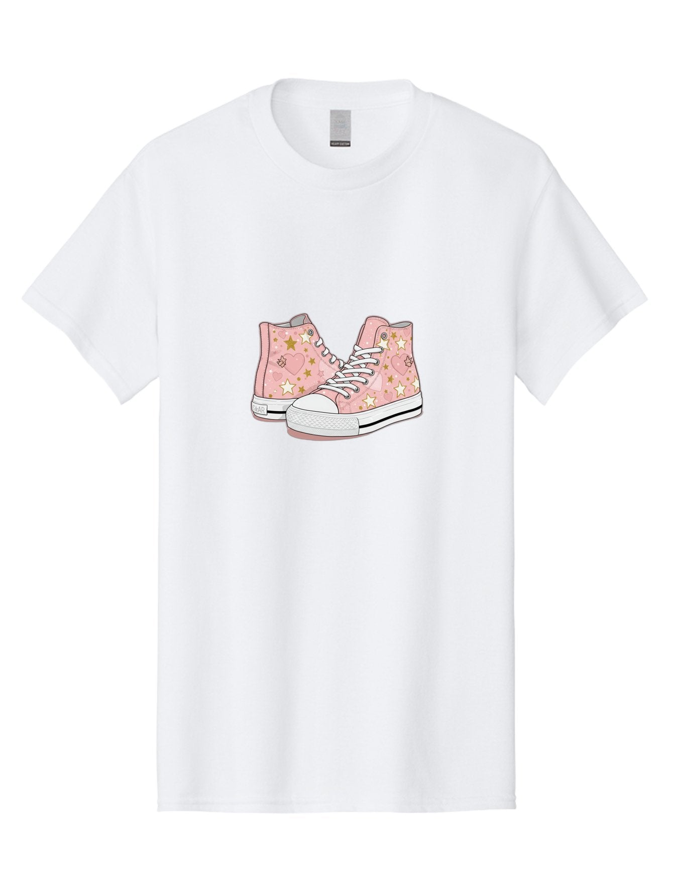 Pink-Star-Converse Men'S Graphic Tee, 100% Cotton, Comfortable Casual Summer Wear, Machine Washable, Pink Converse Sneakers, Star Pattern, Heart Design, White Laces, Fashion Footwear, Casual Style, Sneakers With Hearts, Star-Themed Shoes, Bab194 13