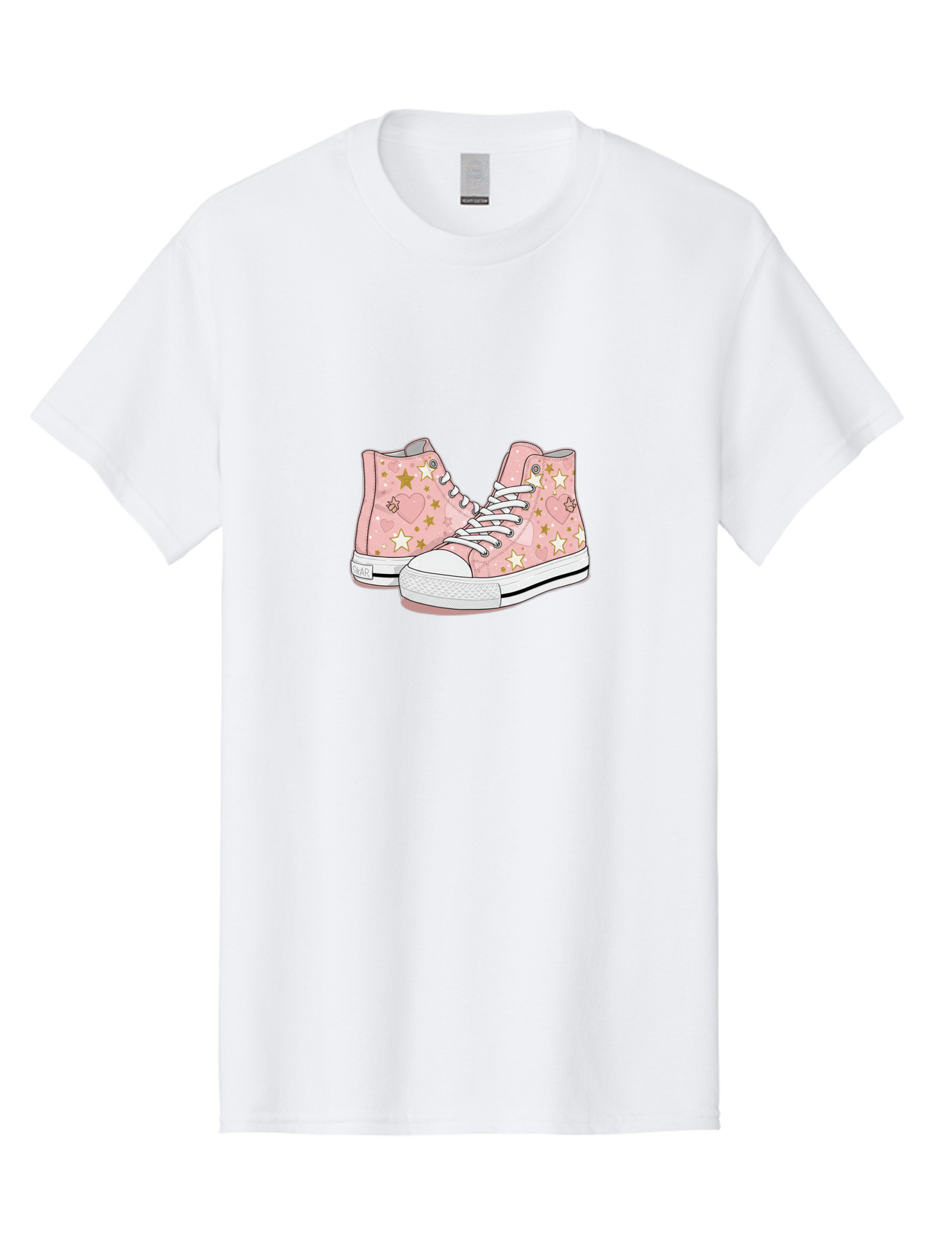 Pink-Star-Converse Men'S Graphic Tee, 100% Cotton, Comfortable Casual Summer Wear, Machine Washable, Pink Converse Sneakers, Star Pattern, Heart Design, White Laces, Fashion Footwear, Casual Style, Sneakers With Hearts, Star-Themed Shoes, Bab194 7