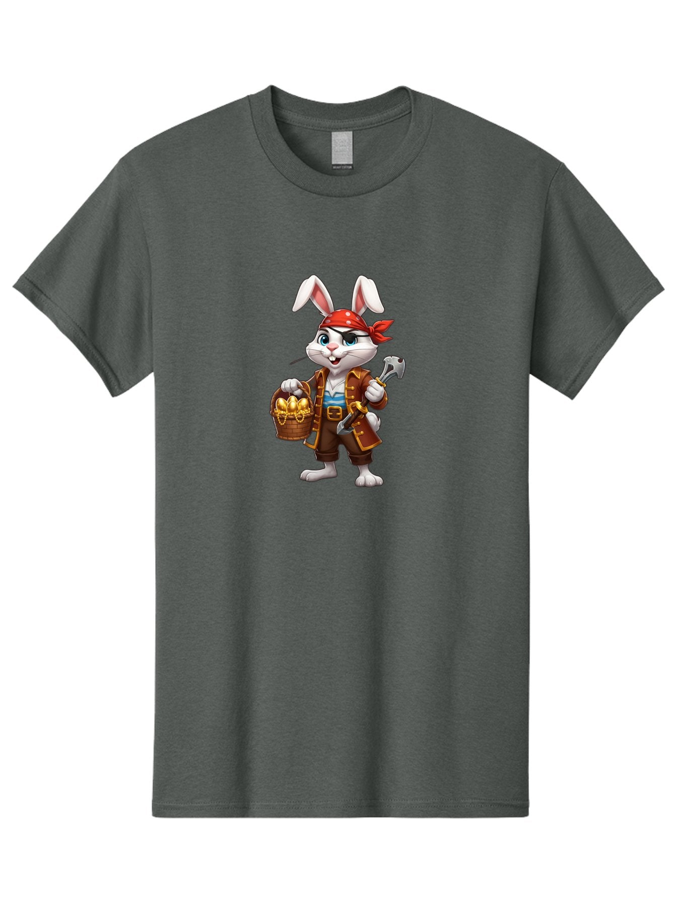 Pirate-Bunny Men'S Graphic Tee, 100% Cotton, Comfortable Casual Summer Wear, Machine Washable, Cartoon Rabbit, Pirate Costume, Red Bandana, Treasure Basket, Golden Eggs, Pirate Hat, Swashbuckling Adventure, Playful Pirate, Fantasy Character, Bab196 5