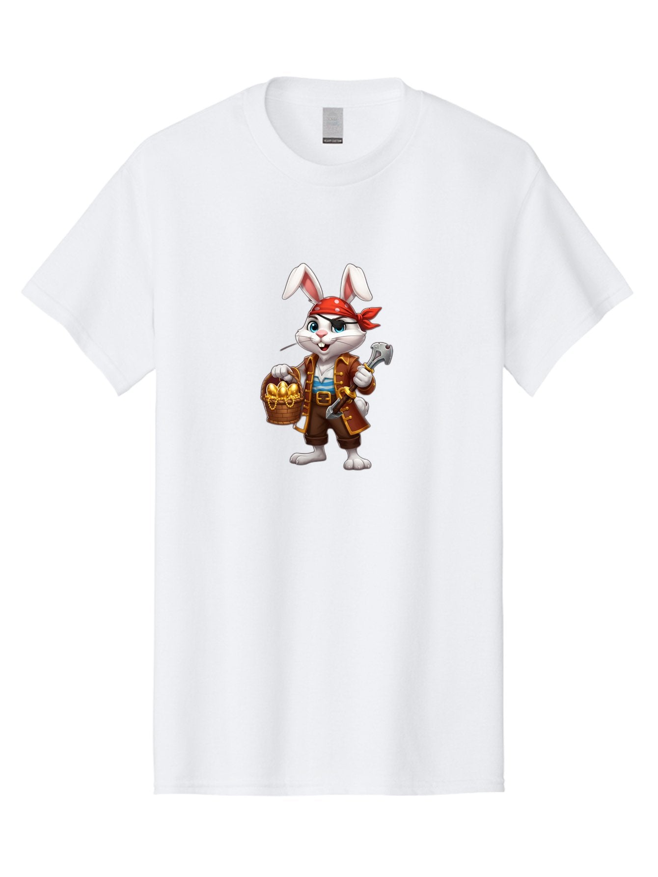 Pirate-Bunny Men'S Graphic Tee, 100% Cotton, Comfortable Casual Summer Wear, Machine Washable, Cartoon Rabbit, Pirate Costume, Red Bandana, Treasure Basket, Golden Eggs, Pirate Hat, Swashbuckling Adventure, Playful Pirate, Fantasy Character, Bab196 12
