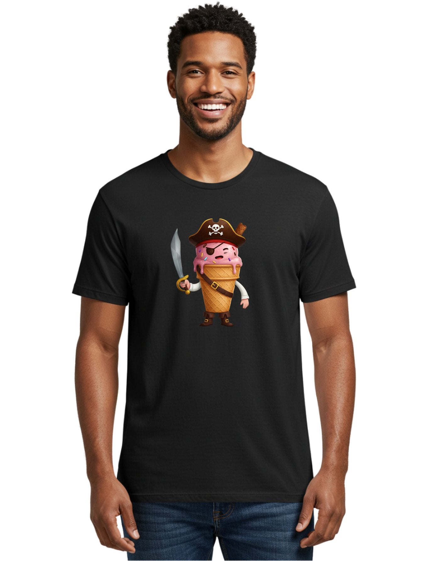 Pirate-Ice-Cream Men'S Graphic Tee, 100% Cotton, Comfortable Casual Summer Wear, Machine Washable, Pirate Ice Cream, Swashbuckling Dessert, Ice Cream Cone Pirate, Sweet Treats, Colorful Sprinkles, Pirate Hat, Eye Patch, Sword, Bab197 22