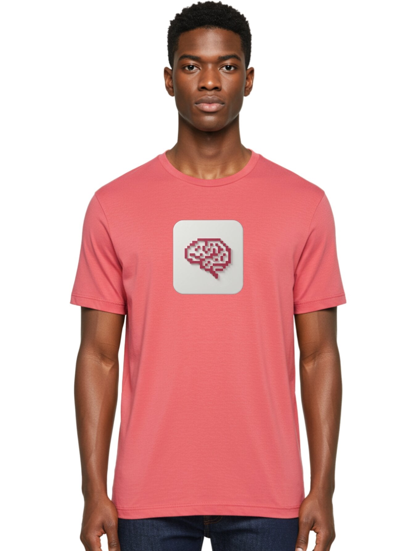 Pixel-Brain Men'S Graphic Tee, 100% Cotton, Comfortable Casual Summer Wear, Machine Washable, Pixel Art Brain, Red Outline, White Background, Rounded Square, Digital Art, Cognitive Icon, Pixelated Design, Brain Illustration, Tech-Inspired Art Bab199 20