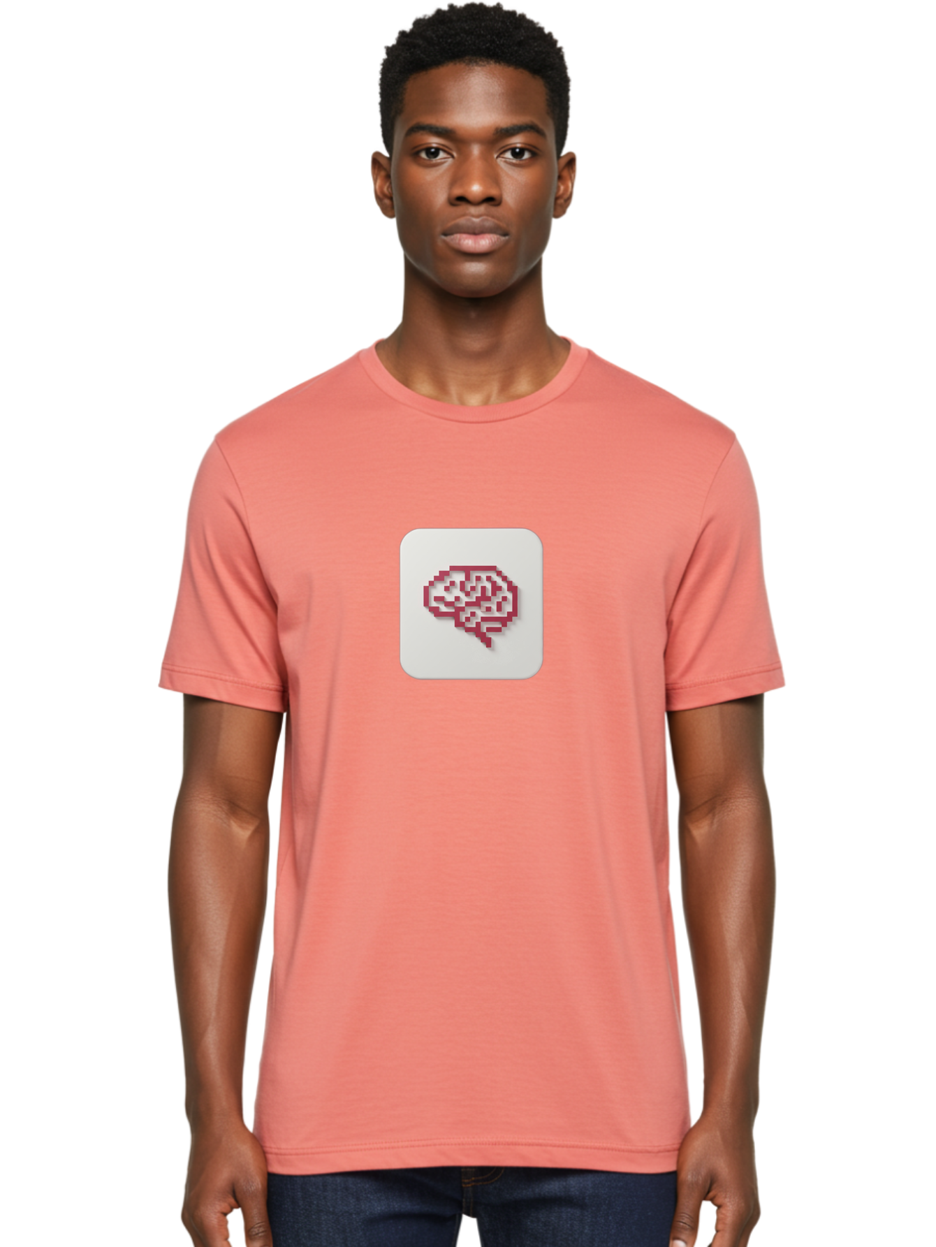 Pixel-Brain Men'S Graphic Tee, 100% Cotton, Comfortable Casual Summer Wear, Machine Washable, Pixel Art Brain, Red Outline, White Background, Rounded Square, Digital Art, Cognitive Icon, Pixelated Design, Brain Illustration, Tech-Inspired Art Bab199