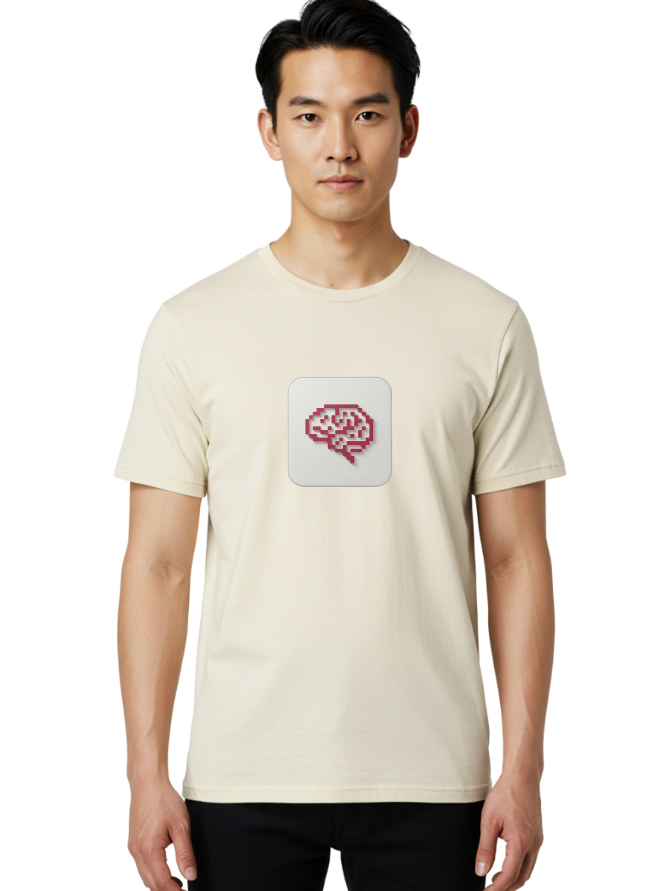 Pixel-Brain Men'S Graphic Tee, 100% Cotton, Comfortable Casual Summer Wear, Machine Washable, Pixel Art Brain, Red Outline, White Background, Rounded Square, Digital Art, Cognitive Icon, Pixelated Design, Brain Illustration, Tech-Inspired Art Bab199 6