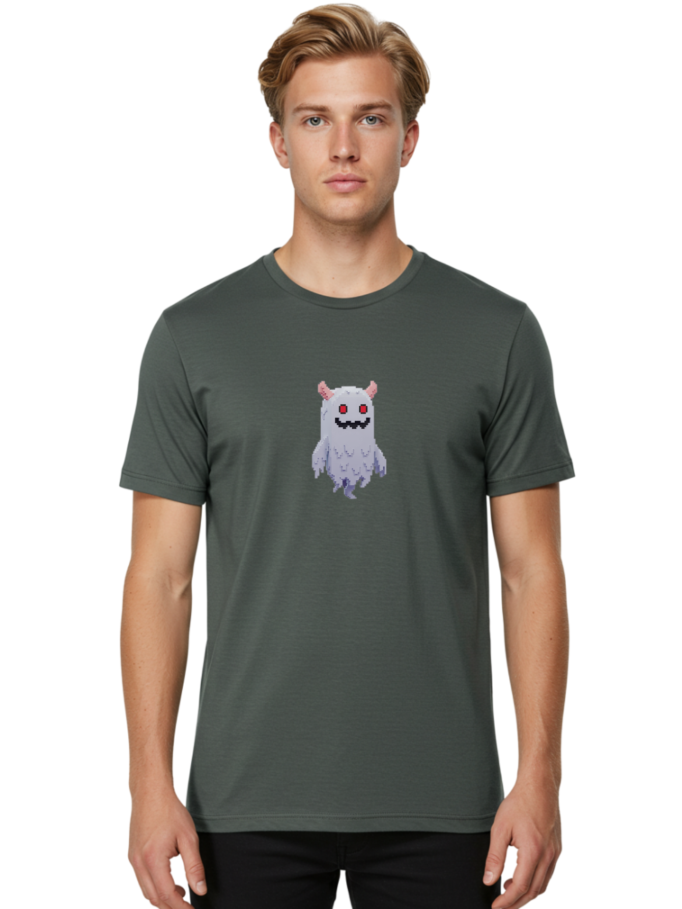 Pixel-Monster Men'S Graphic Tee, 100% Cotton, Comfortable Casual Summer Wear, Machine Washable, Pixel Art Character, Cute Monster, Red Eyes, Black Smile, Pink Horns, Furry Creature, Cartoonish, Fun Design, Playful Graphics, Retro Gaming, Bab200 20