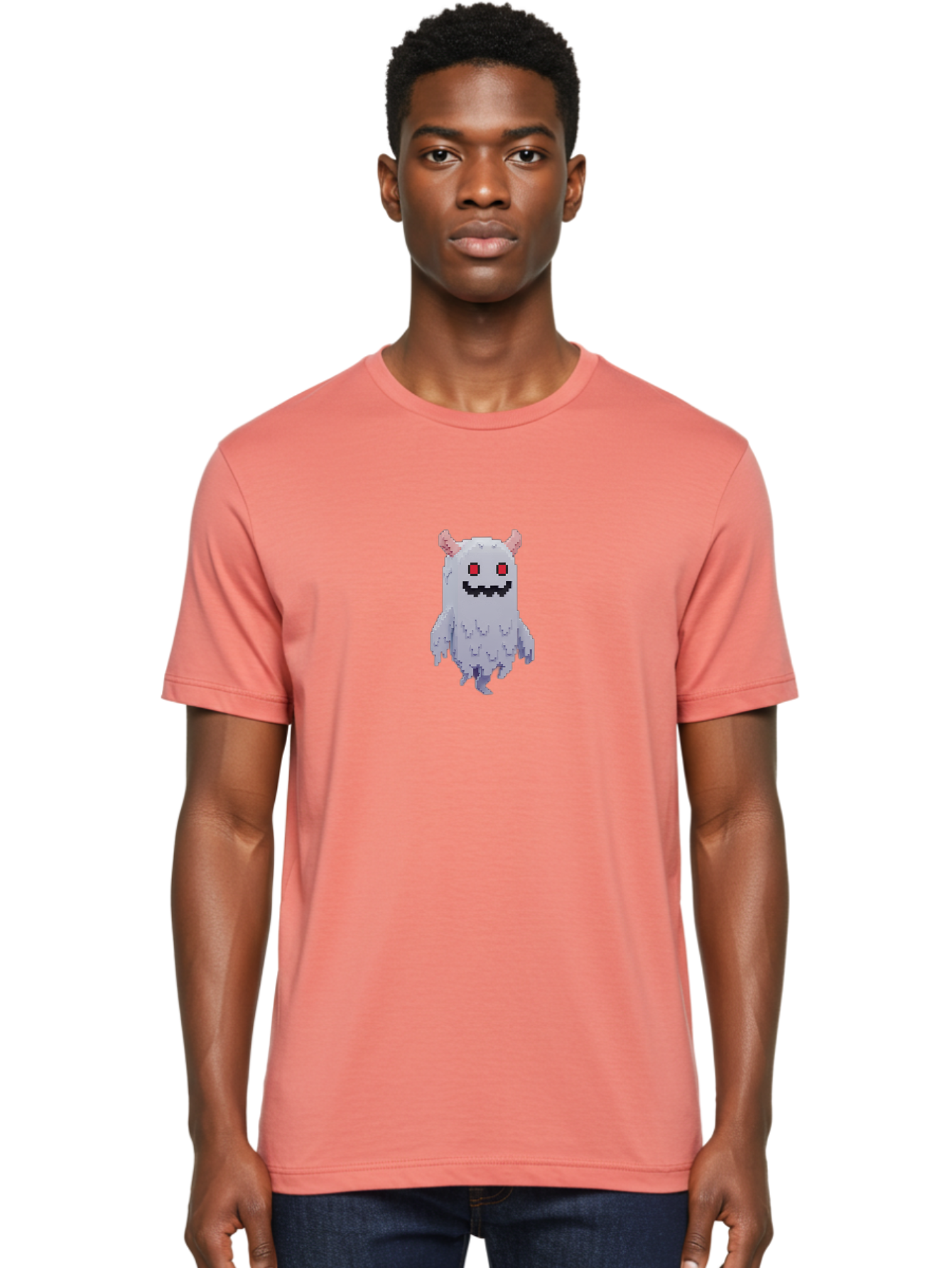 Pixel-Monster Men'S Graphic Tee, 100% Cotton, Comfortable Casual Summer Wear, Machine Washable, Pixel Art Character, Cute Monster, Red Eyes, Black Smile, Pink Horns, Furry Creature, Cartoonish, Fun Design, Playful Graphics, Retro Gaming, Bab200