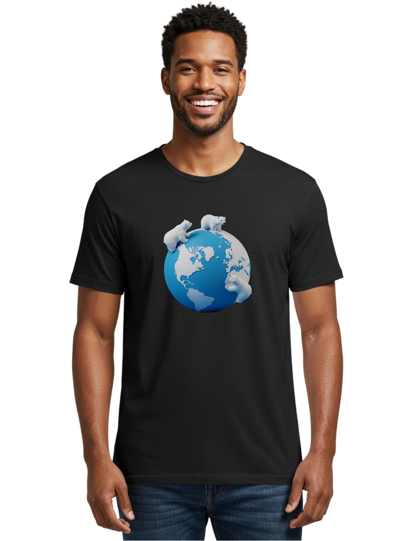 Polar-Bears-On-Globe Men'S Graphic Tee, 100% Cotton, Comfortable Casual Summer Wear, Machine Washable, Polar Bears On Globe, Global Unity, World Map, Wildlife Conservation, Environmental Awareness, Polar Bear Protection, Eco-Friendly, Bab210 27