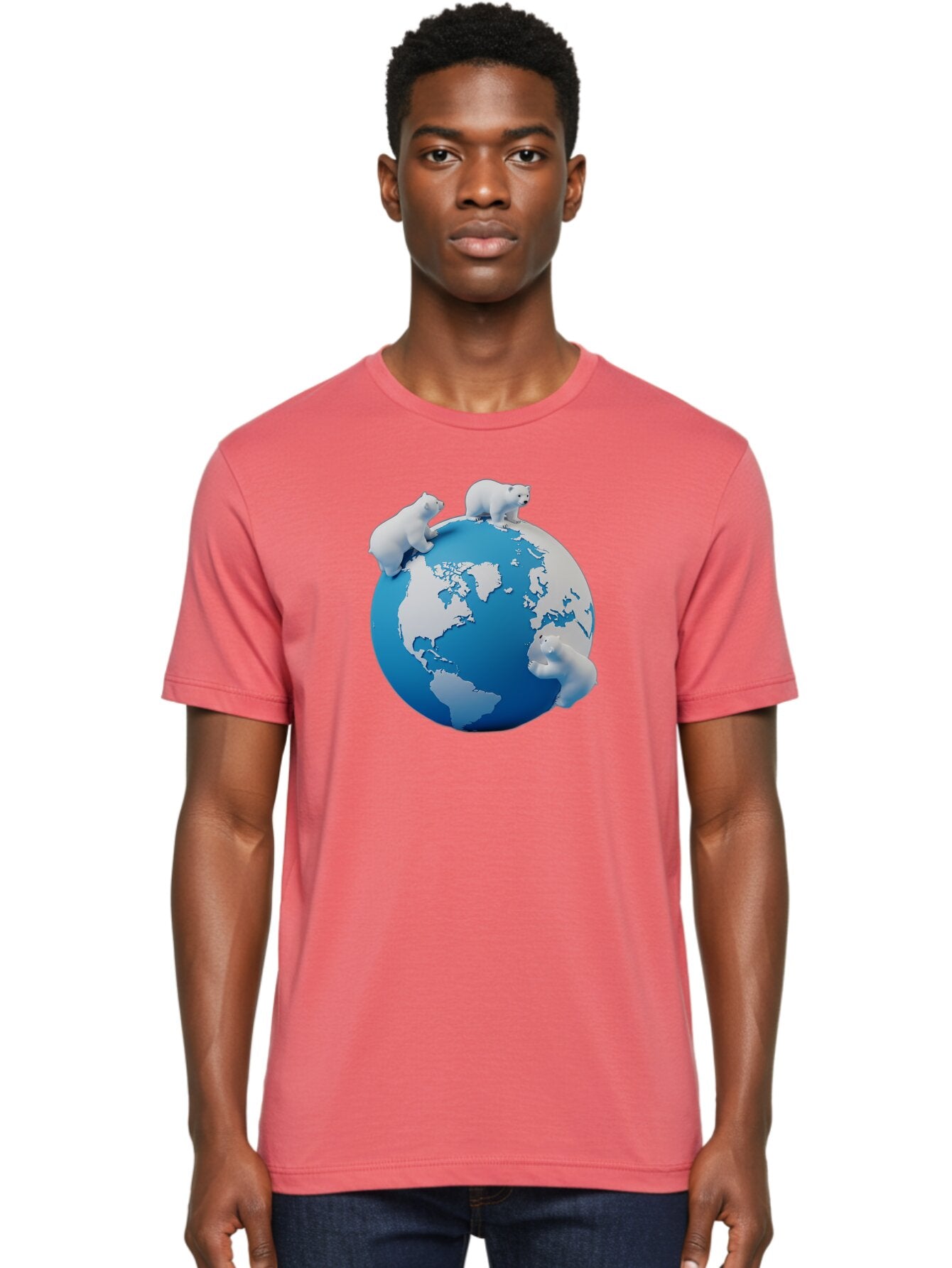 Polar-Bears-On-Globe Men'S Graphic Tee, 100% Cotton, Comfortable Casual Summer Wear, Machine Washable, Polar Bears On Globe, Global Unity, World Map, Wildlife Conservation, Environmental Awareness, Polar Bear Protection, Eco-Friendly, Bab210 23