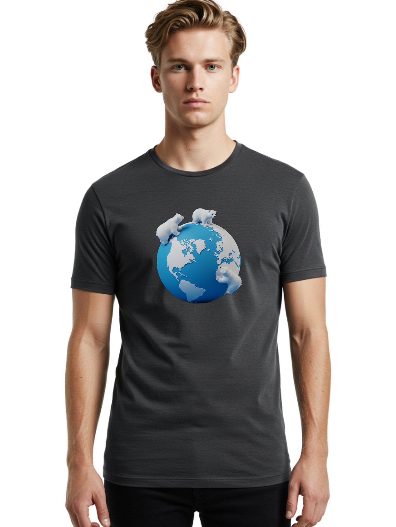 Polar-Bears-On-Globe Men'S Graphic Tee, 100% Cotton, Comfortable Casual Summer Wear, Machine Washable, Polar Bears On Globe, Global Unity, World Map, Wildlife Conservation, Environmental Awareness, Polar Bear Protection, Eco-Friendly, Bab210 25