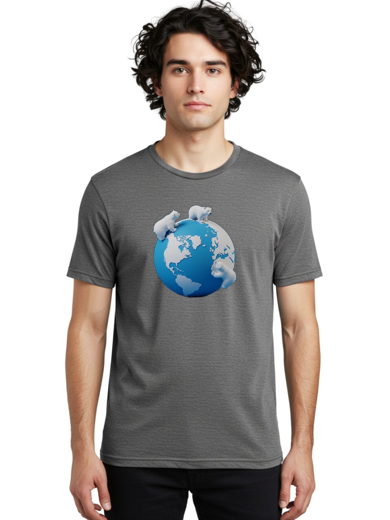 Polar-Bears-On-Globe Men'S Graphic Tee, 100% Cotton, Comfortable Casual Summer Wear, Machine Washable, Polar Bears On Globe, Global Unity, World Map, Wildlife Conservation, Environmental Awareness, Polar Bear Protection, Eco-Friendly, Bab210 20