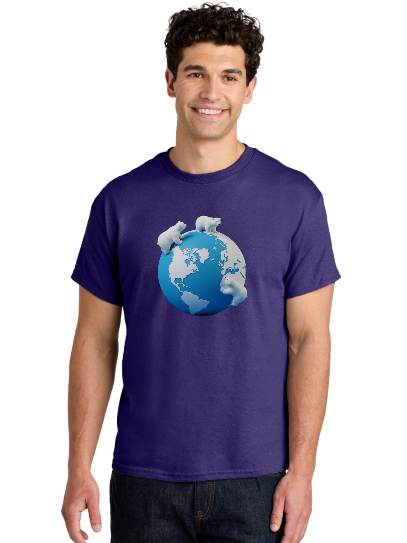 Polar-Bears-On-Globe Men'S Graphic Tee, 100% Cotton, Comfortable Casual Summer Wear, Machine Washable, Polar Bears On Globe, Global Unity, World Map, Wildlife Conservation, Environmental Awareness, Polar Bear Protection, Eco-Friendly, Bab210 16