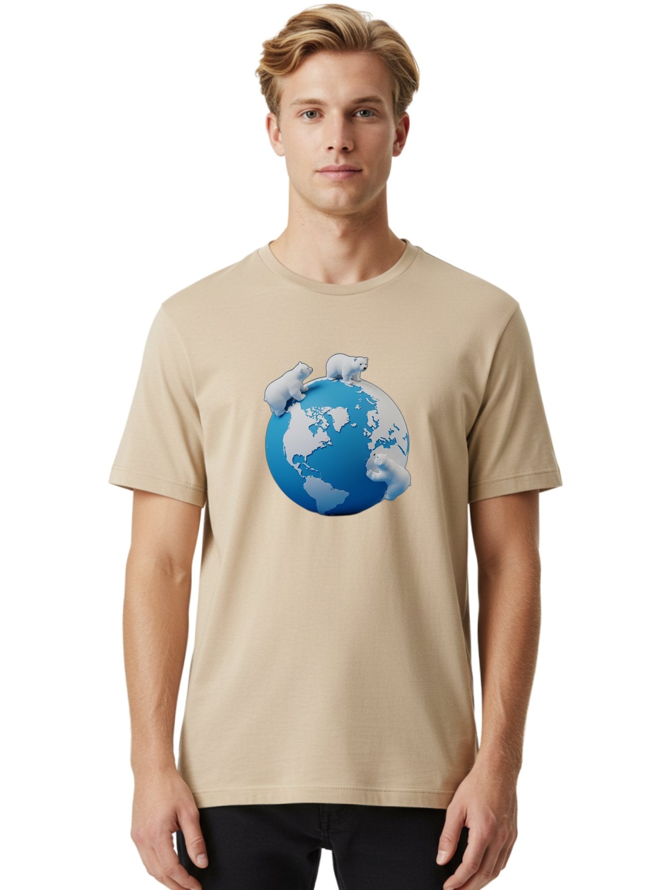 Polar-Bears-On-Globe Men'S Graphic Tee, 100% Cotton, Comfortable Casual Summer Wear, Machine Washable, Polar Bears On Globe, Global Unity, World Map, Wildlife Conservation, Environmental Awareness, Polar Bear Protection, Eco-Friendly, Bab210 21