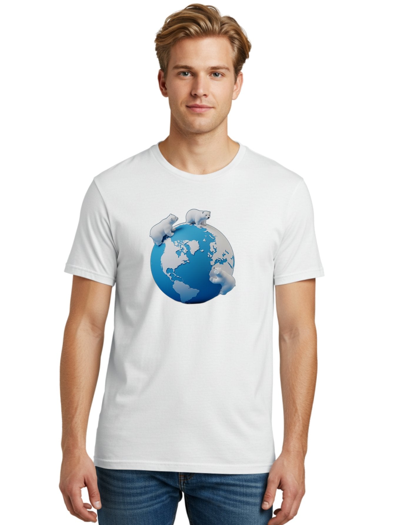 Polar-Bears-On-Globe Men'S Graphic Tee, 100% Cotton, Comfortable Casual Summer Wear, Machine Washable, Polar Bears On Globe, Global Unity, World Map, Wildlife Conservation, Environmental Awareness, Polar Bear Protection, Eco-Friendly, Bab210 30