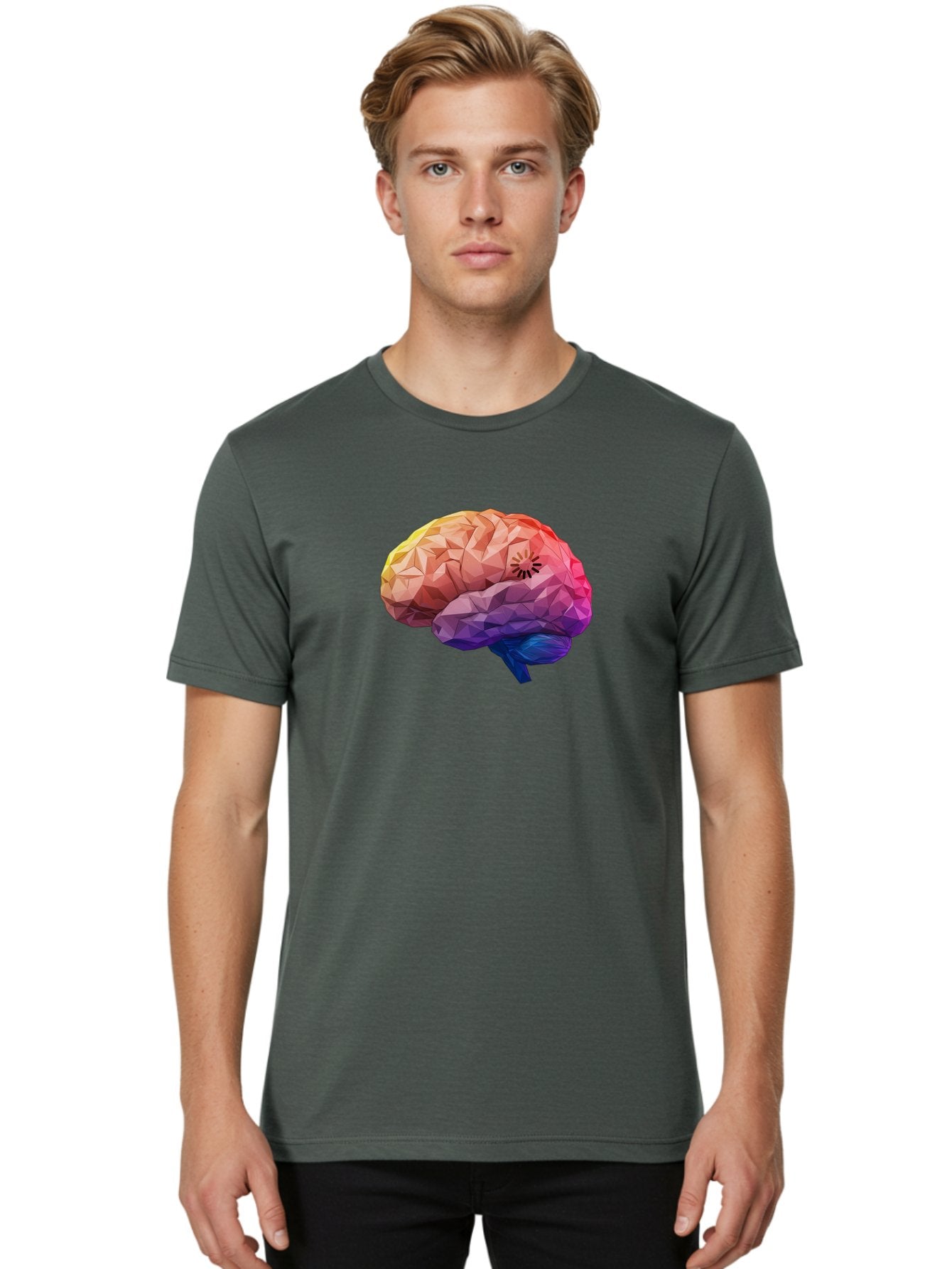 Polygonal-Brain Men'S Graphic Tee, 100% Cotton, Comfortable Casual Summer Wear, Machine Washable, Low Poly Brain, Colorful Brain, 3D Brain Model, Geometric Art, Brain Illustration, Neuroscience, Cognitive Function, Mental Health Awareness, Bab211 19